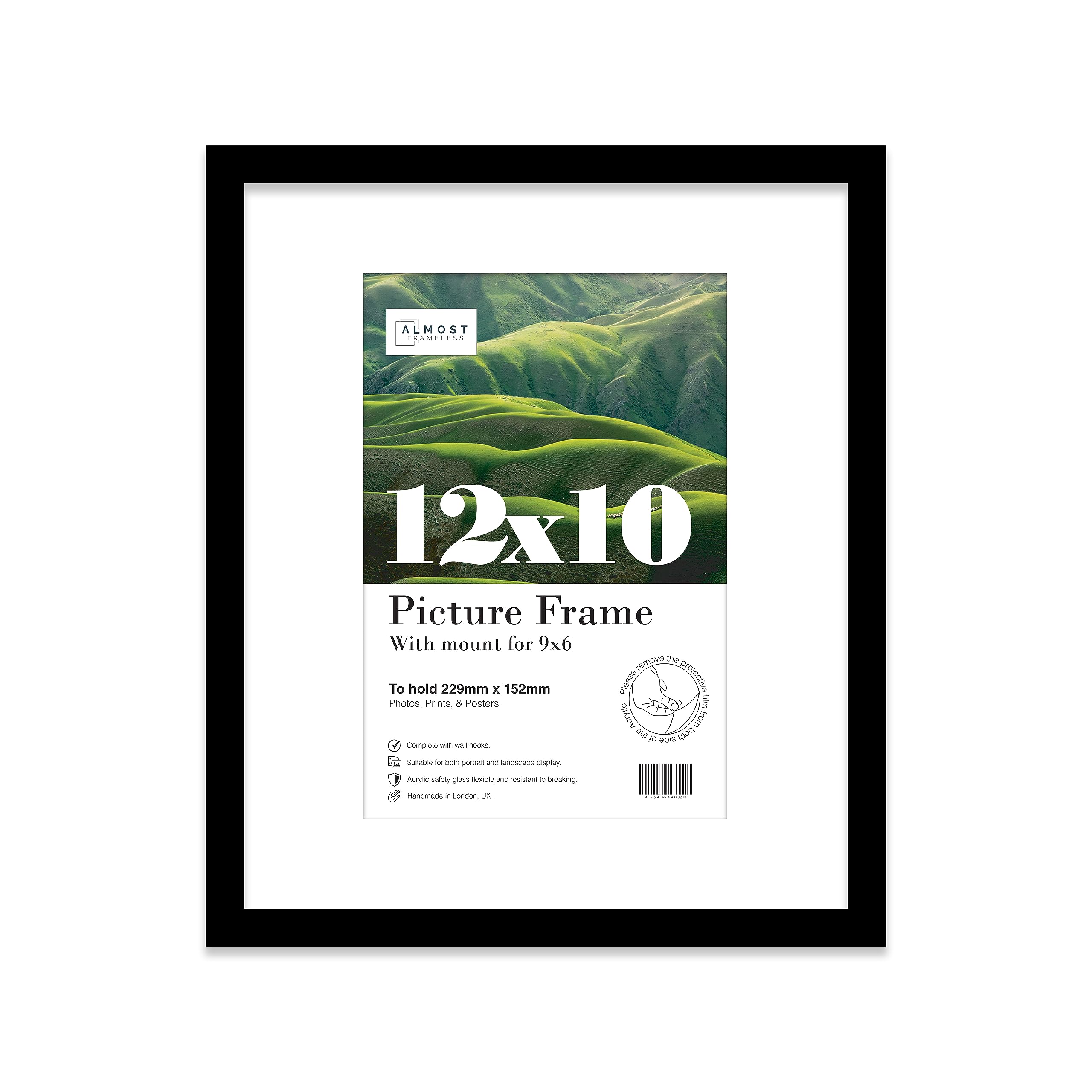 Almost Frameless 12x10 Black Picture Frame With Mount for 9x6 Print, Poster or Photo Poster, Photo, Artwork, or Print. Thin Edge Slim Frame Portrait and Landscape Display with Wall Hooks