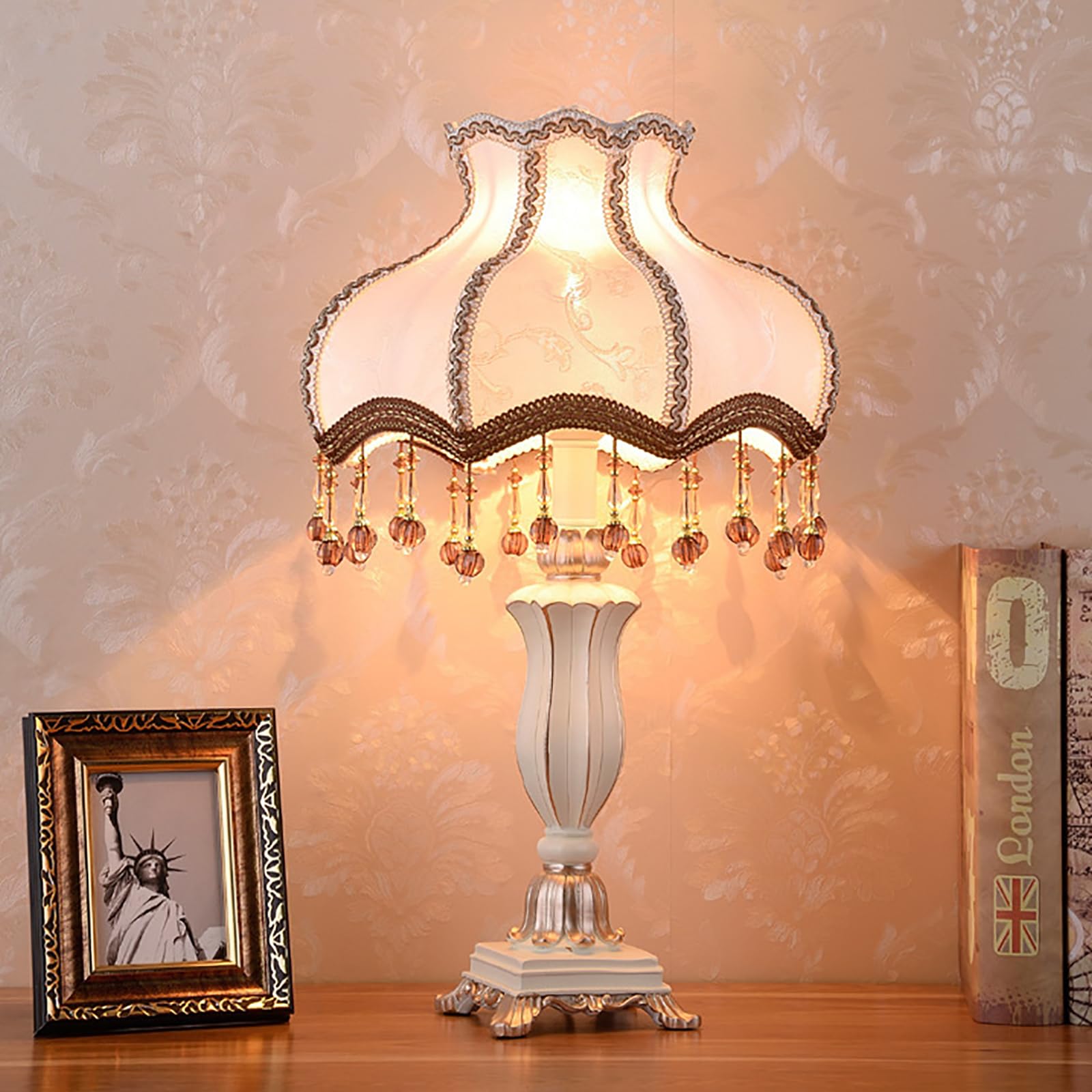 XLDZ Victorian Style Table Lamp, Antique Fabric Table Lamp, European Nightstand Lamp, Decorative Desk Lamp, Floral Table Light with Fringe, Bedside Light for Bedroom Living Room Button Switch(G)