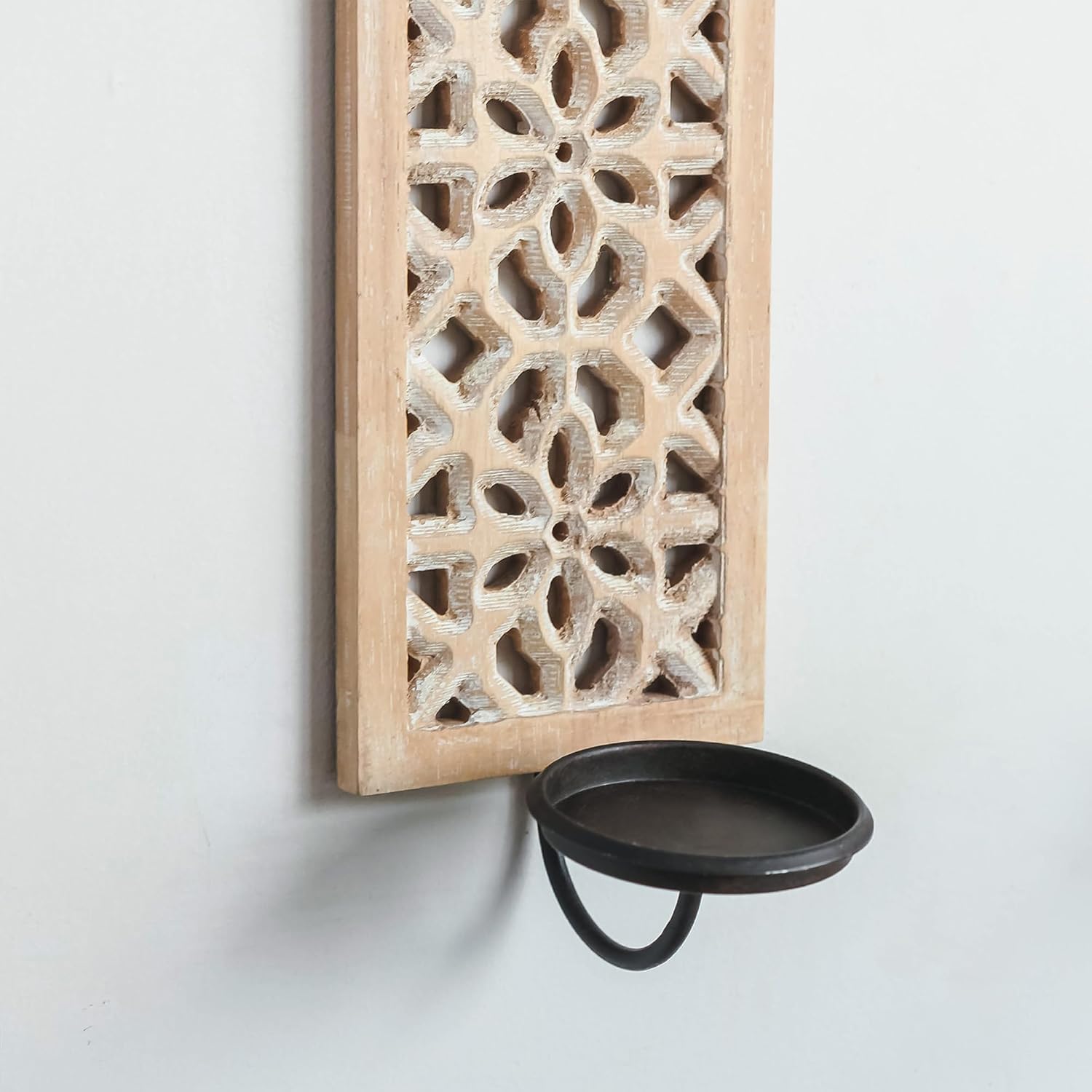 SOFFEE DESIGN Set of 2 Wooden Faux Window Wall Sconces, Asian-Inspired Natural Wood with Carved Motifs, Black Iron Candle Tray for Pillar Candles, Rustic Farmhouse Hallway Decor