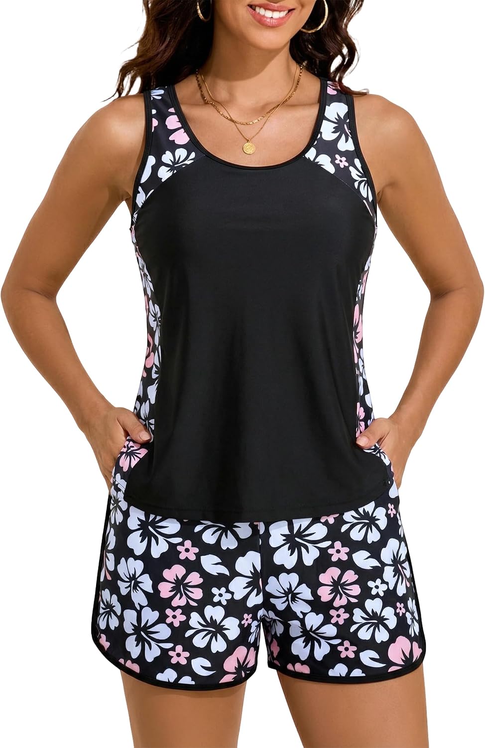 Firpearl Tankini Swimsuits for Women Tummy Control Athletic 2 Piece Bathing Suits Modest Swim Tank Top with Pockets Boyshorts