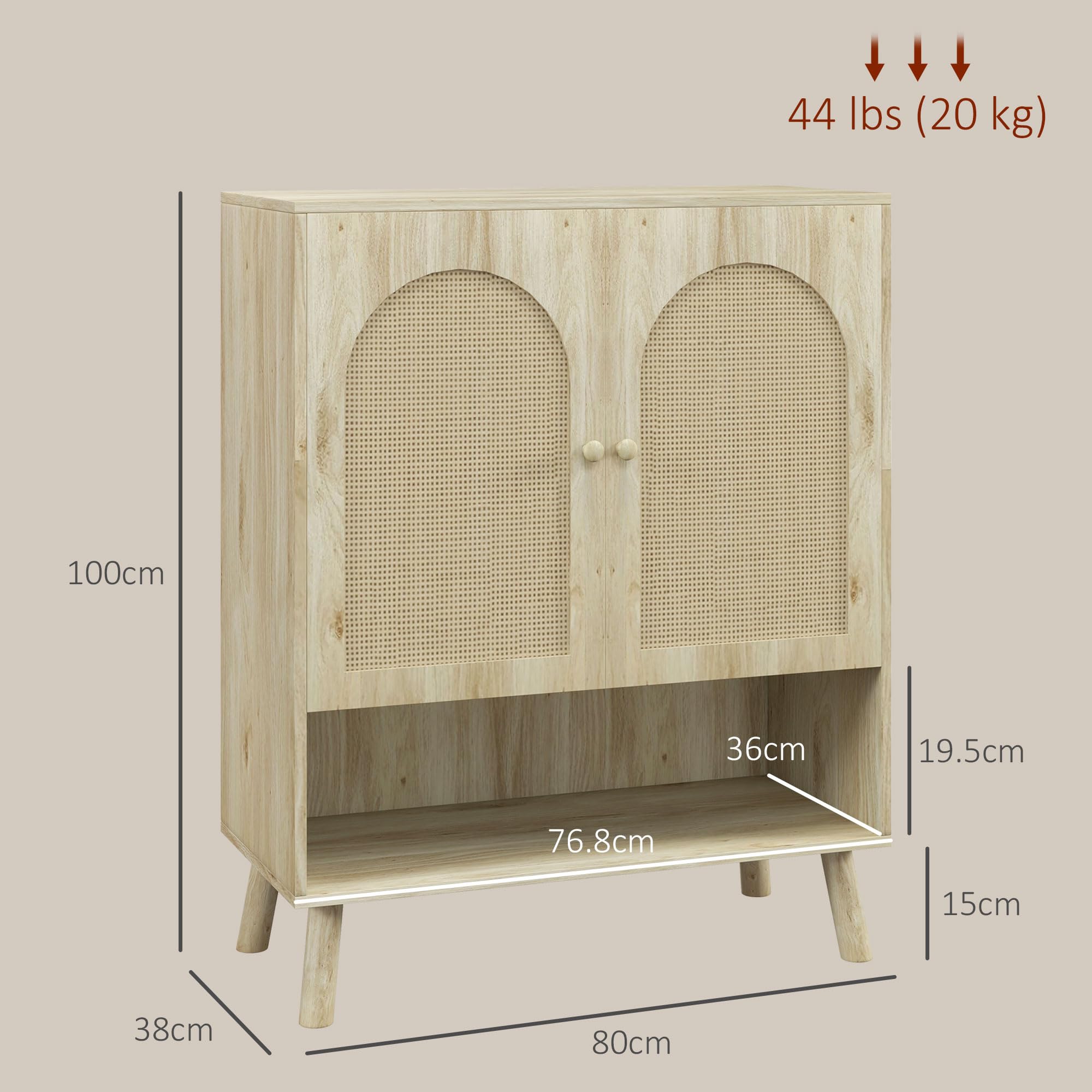 HOMCOM Mobile da Ingresso e Soggiorno in Stile Boho, Mobile Multiuso con Ante in Rattan e Ripiano Aperto, 80x38x100cm, Rovere