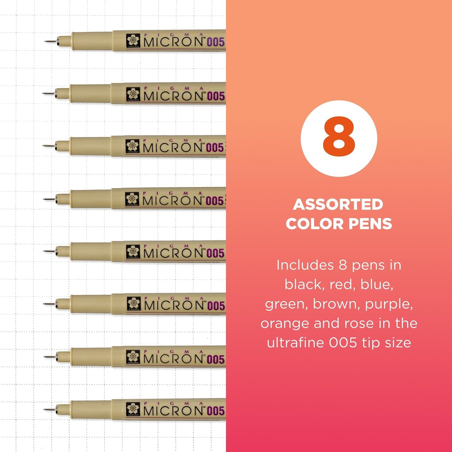 SAKURA Pigma Micron Fineliner Pens - Color Pen Set for Drawing, Illustration & Journaling - Smooth, Skip-Free Writing - Consistent Lines - Archival Colored Ink - 005 Tip - Assorted Colors - 8 Count