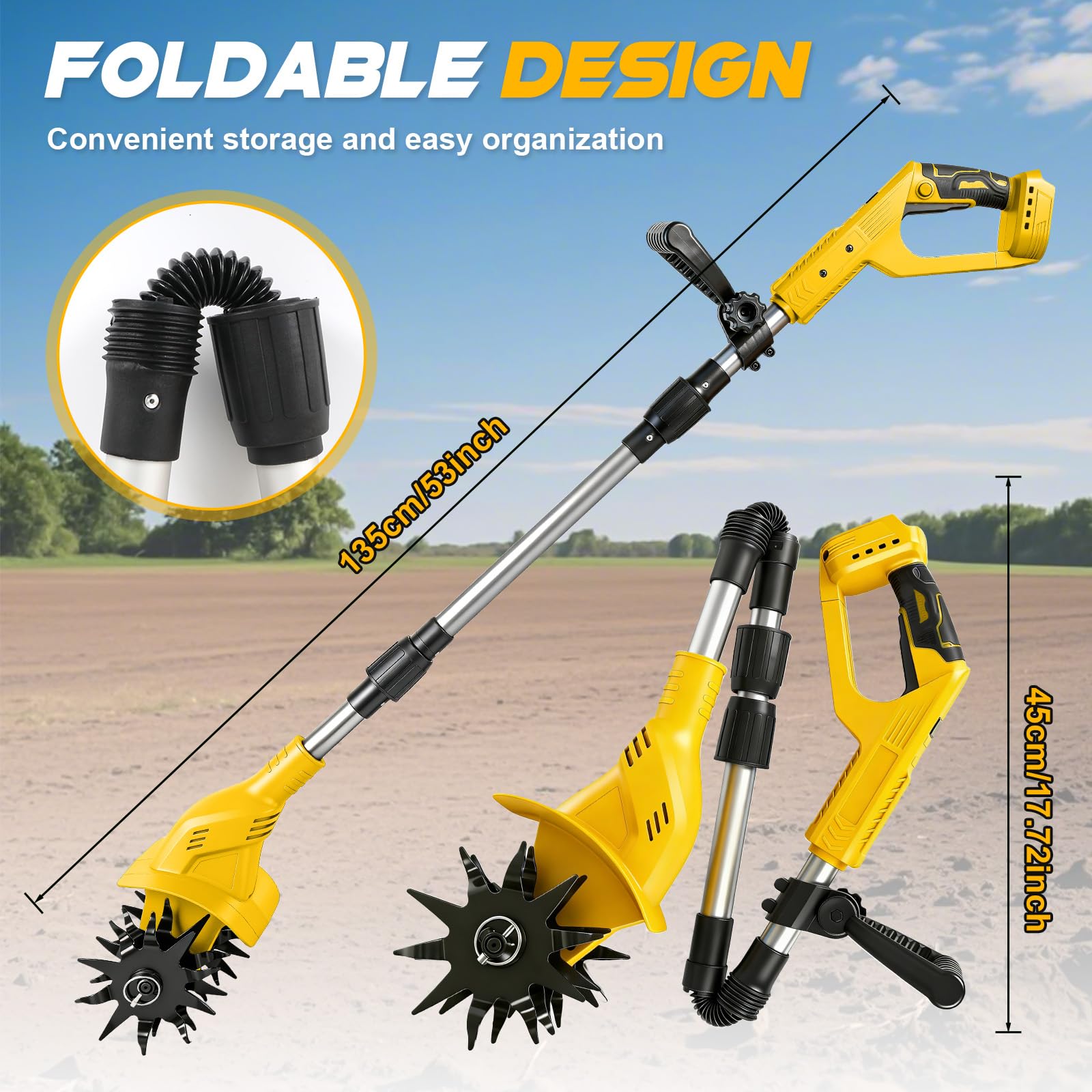 Azada de suelo inalámbrica compatible con batería Dewalt de 20 V, batería de 500 W, 20 cm de profundidad de labranza, 16 cm de ancho de mecanizado, 360 rpm, sin escobillas, plegable, fresadora