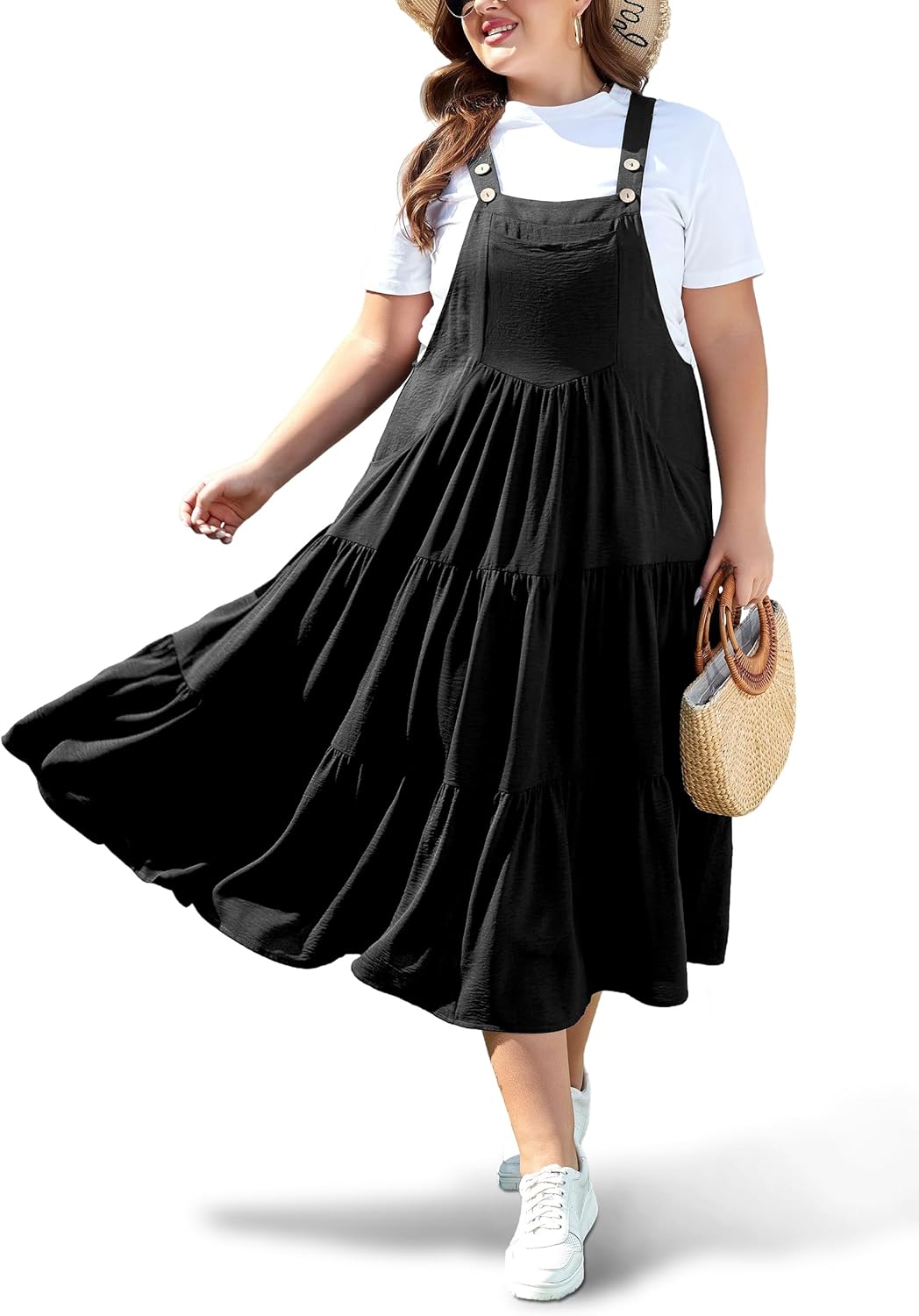 Moon Wood Plus Size Overall Dress for Women Jumper Dress with Pockets Summer Casual Suspender Straps Tiered Maxi Dress