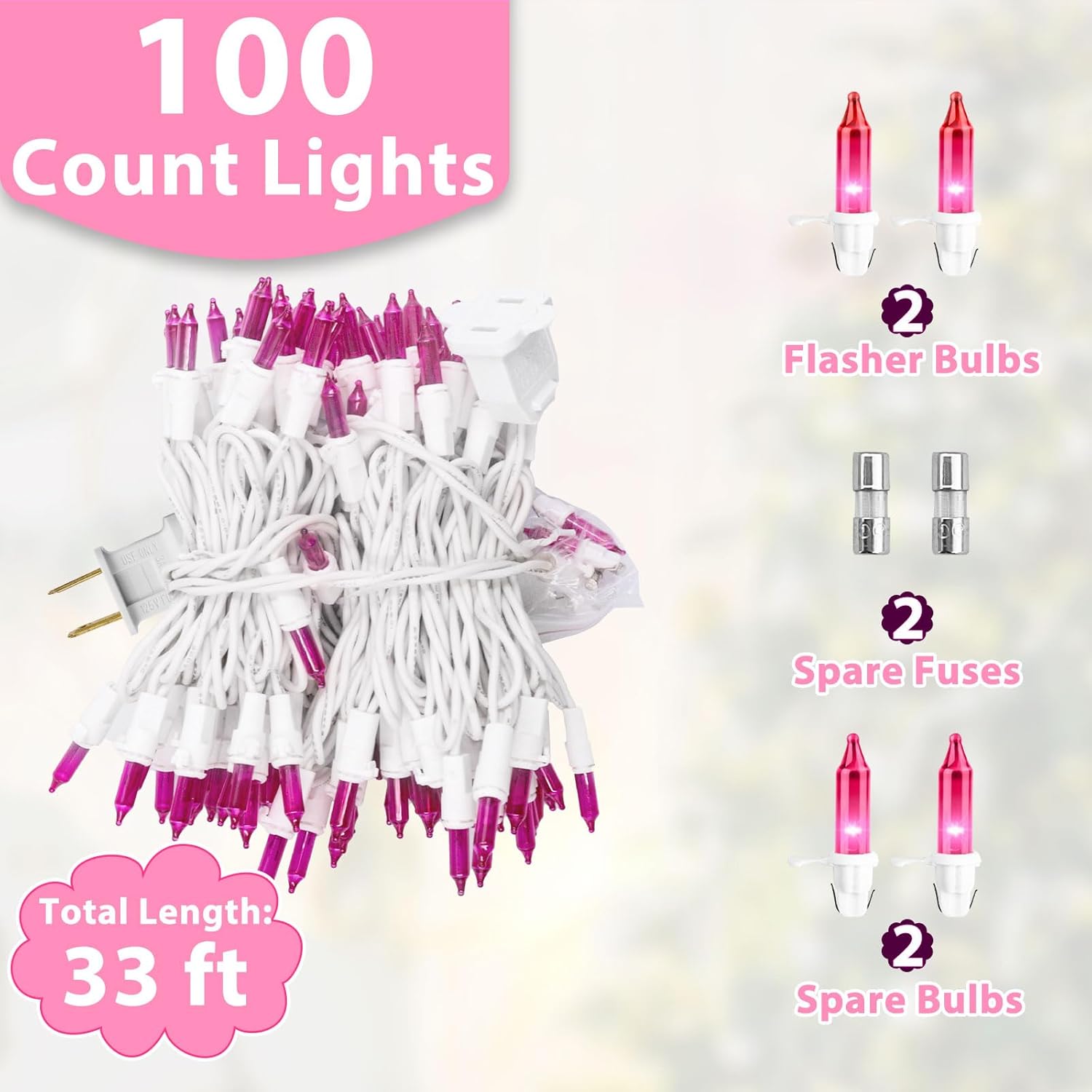 Pink String Lights 33FT 100 Incandescent Bulbs Pink Mini Lights with White Wire for Valentine's Day, Wedding, Garland, Thanksgiving, Party, Home, Indoor & Outdoor Festival Decoration