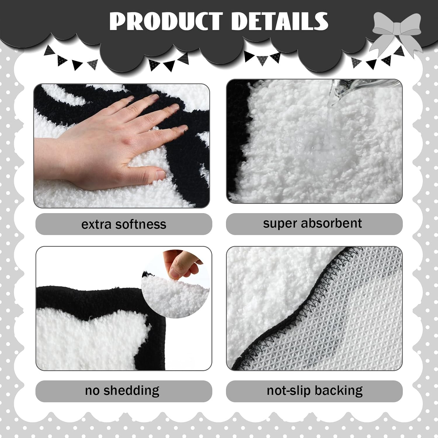 Tinideya Black Bow Bathroom Rug 16" x 24" Scalloped Bow Bath Mat image 3