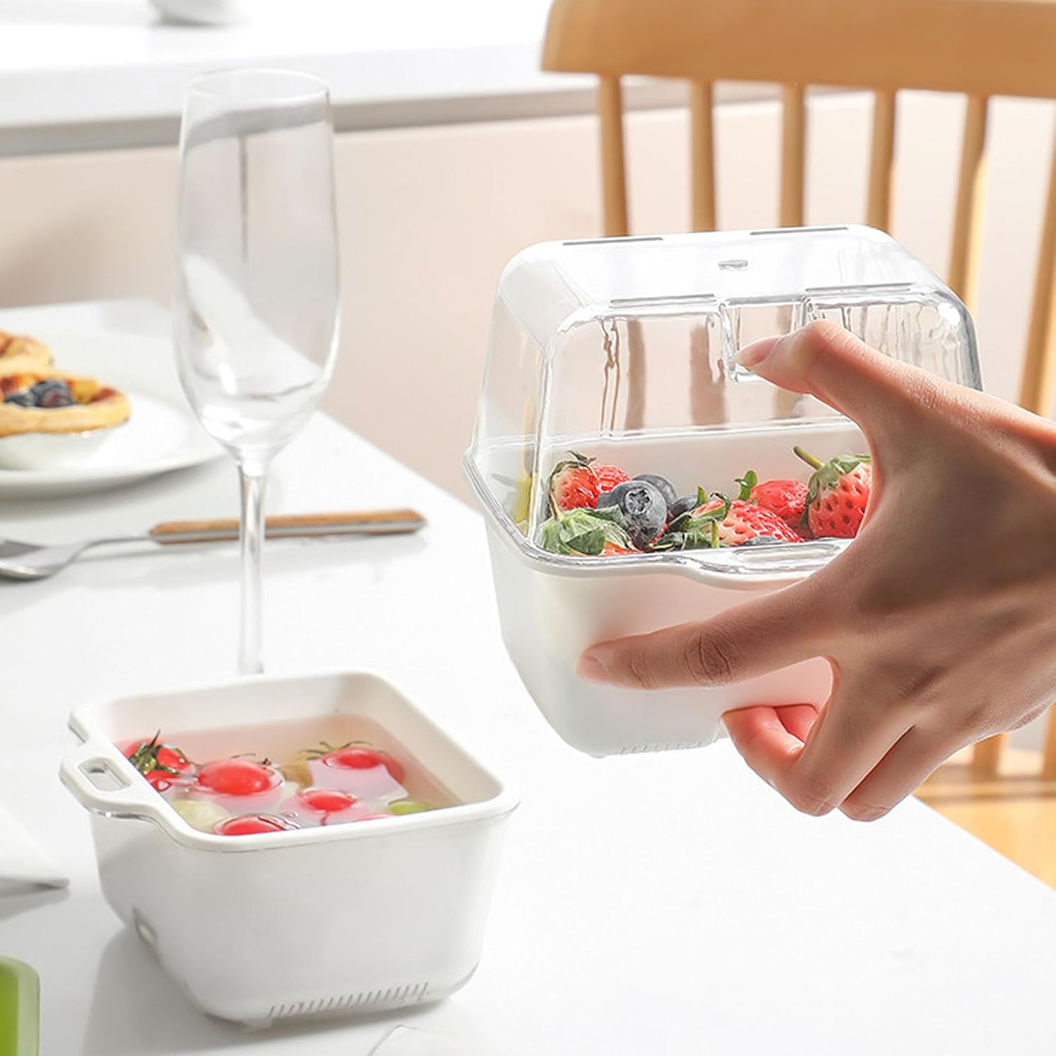 Fruit Colander Bin - Dual Layer Plastic Clear Vegetable Washing Colander Bowl Set for Kitchen Refrigerator, Produce Saver, Strain and Store