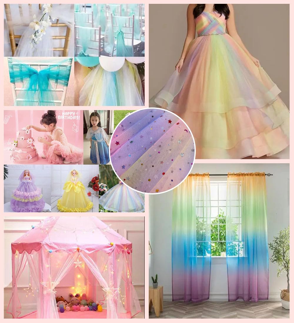 25 Yards Regenbogen Tüllstoff 150cm Breit Glitzer Stern Mond Pailletten Netzstoff Funkelnder Mesh Spitzenstoff Organzastoff zum Nähen Dekostoff für DIY Basteln Hochzeit Party Hintergrund Kleid