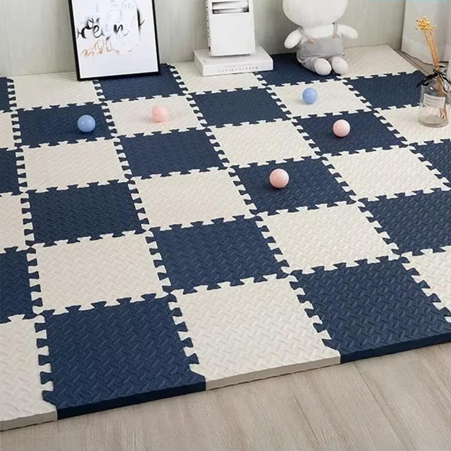EVA Foam Floor Mat, Interlocking Floor Mats, for Indoor Playground Living Room Exercise Fitness Yoga(60 * 60 * 2.5cm)(Navy-White,9p)