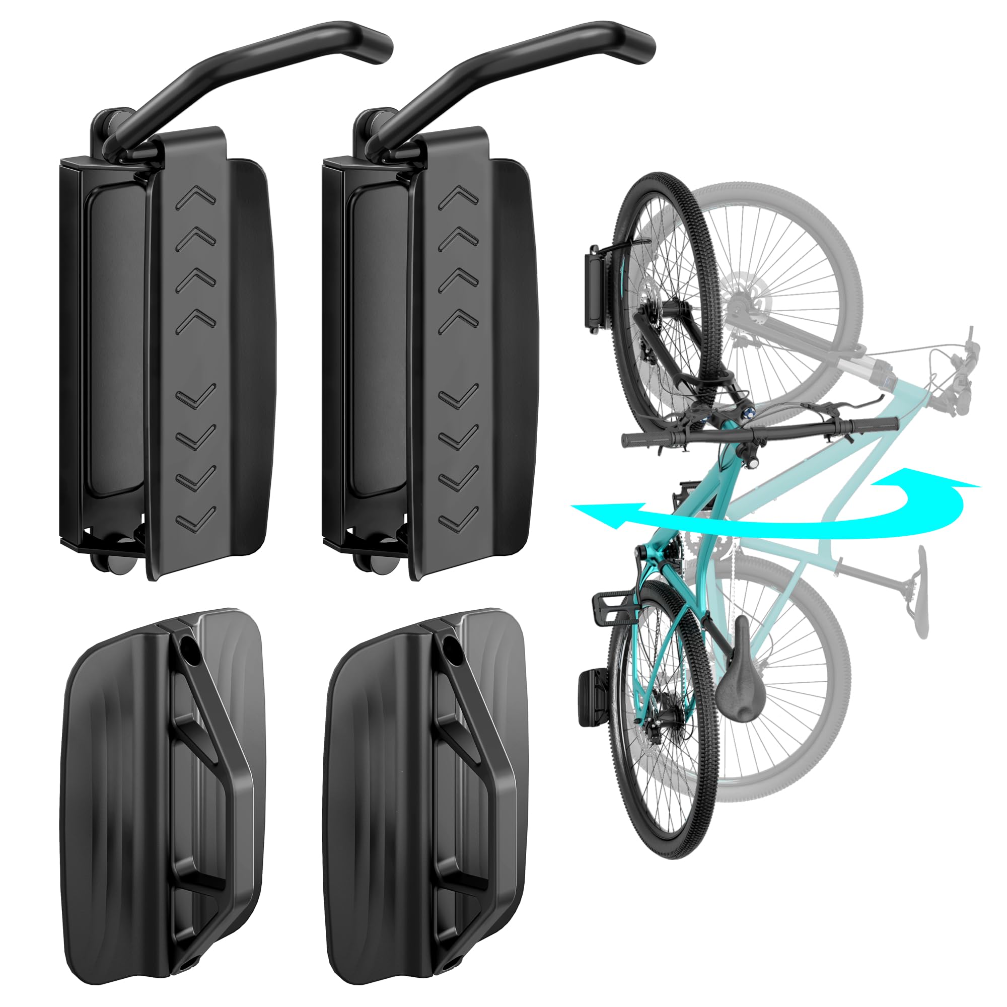 PEGZONE 2 Pack Bike Hooks for Garage, Heavy Duty Swivel Bike Wall Mount, Holds 77 Lbs Bike Wall Hanger, Adjustable Bicycle Storage Hanger Vertical Stand for Garage Wall Storage