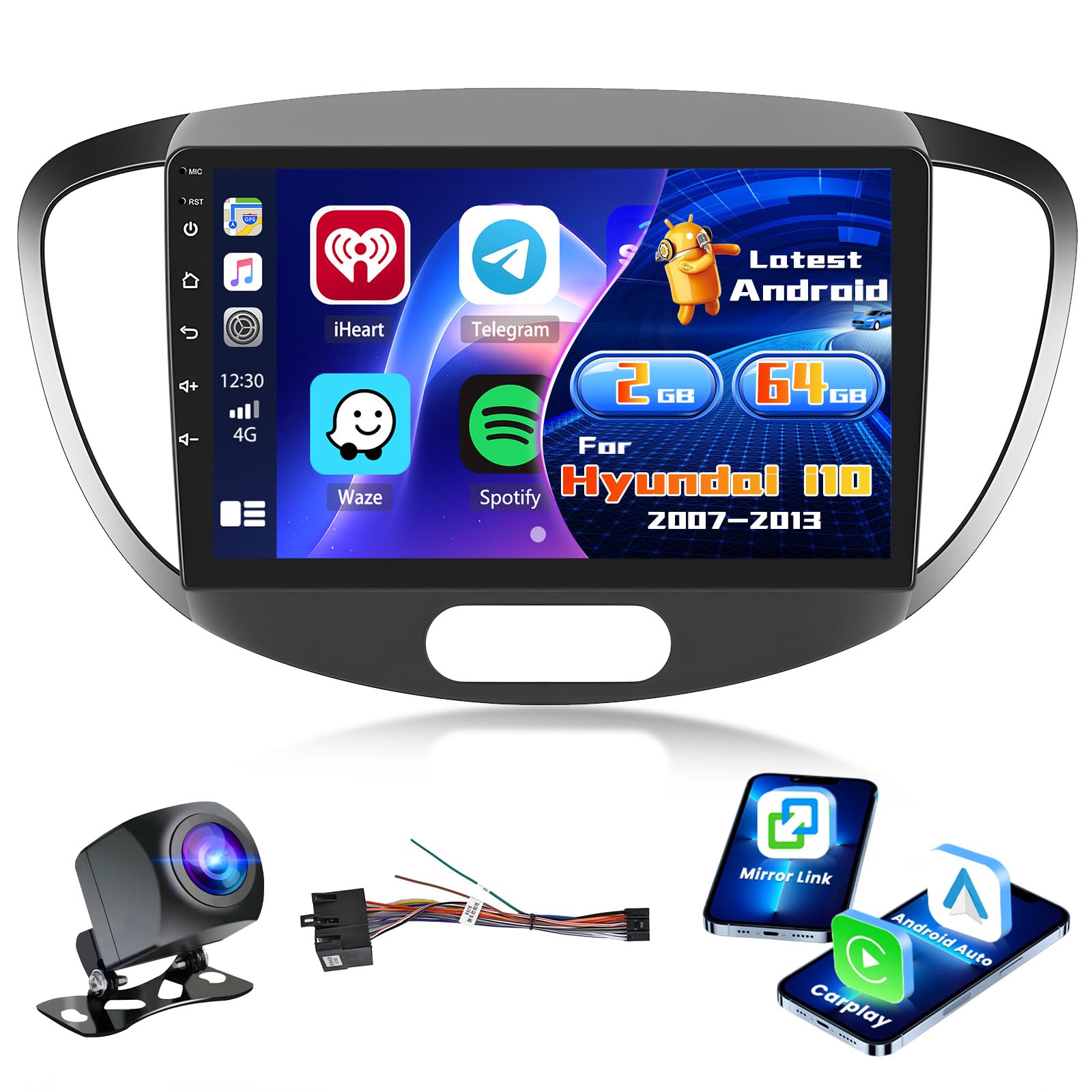 Inefala 2+64G Android 15 Autoradio für Hyundai i10 2007-2013 Radio mit Wireless CarPlay Android Auto, 9 Zoll Bildschirm mit EQ 26UI FM RDS GPS Bluetooth WiFi SWC AHD Rückfahrkamera