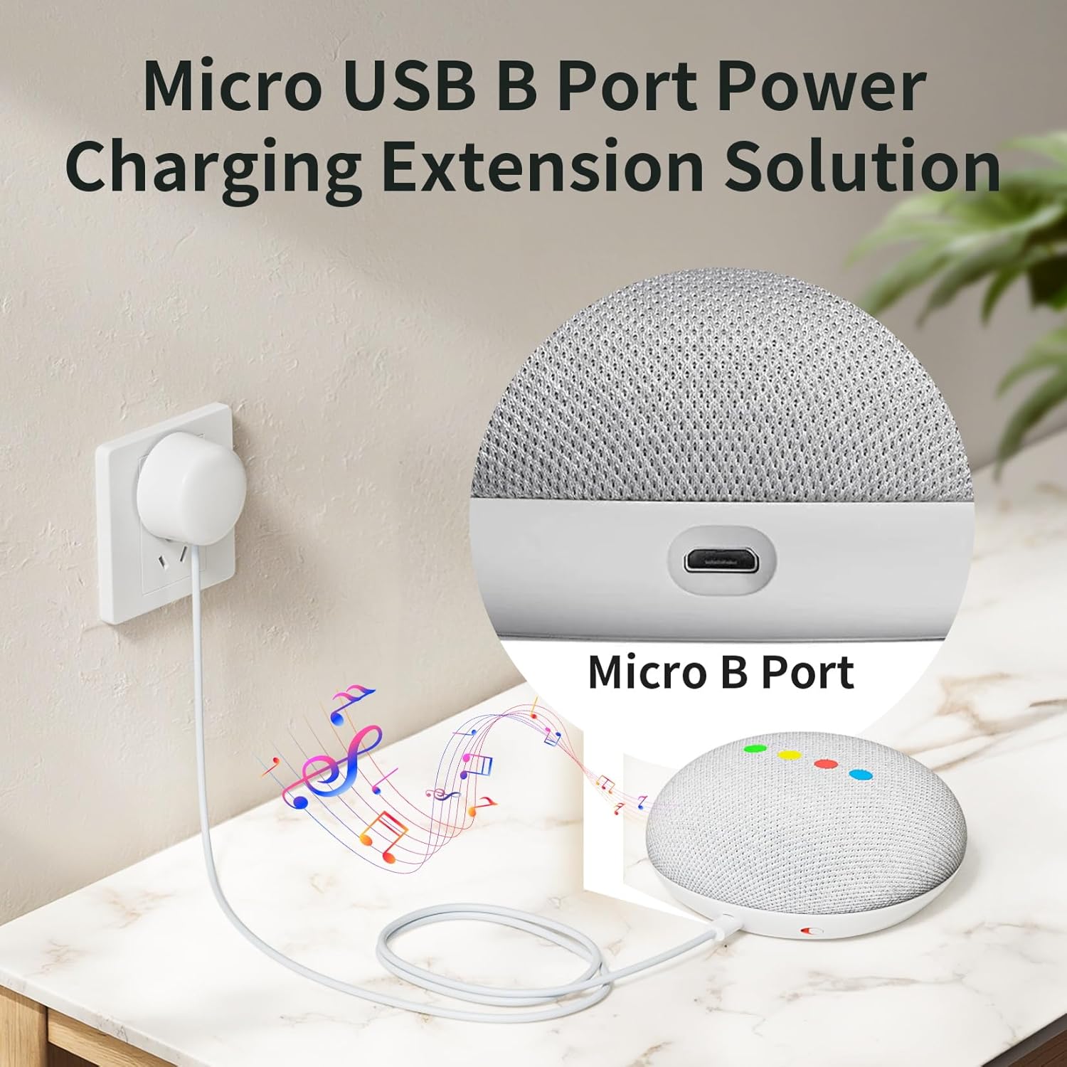 5V 1.8A Micro B Power Supply Cord, 5FT Replacement Power Adapter Charging Cable for Google Home Mini Speaker (1st Gen), White - Not for Google Home/Nest/Nest Mini/Google Mesh System