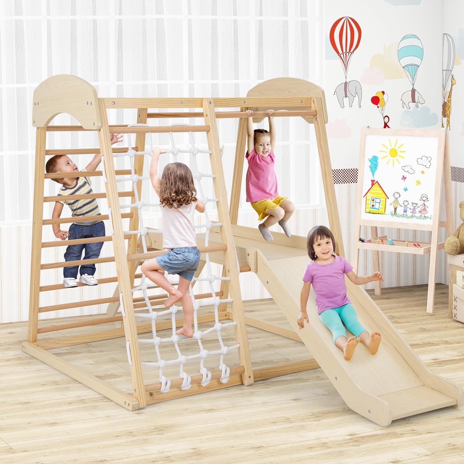 GOPLUS 6 en 1 Triángulo de Escalada Parque para Niños de 1 Año+, Juguetes de Escalada Grande de Madera con Tobogán/Red de Escalada/Barra, Juego de Montessori, Torre de Escalada, Carga 200 KG, Natural