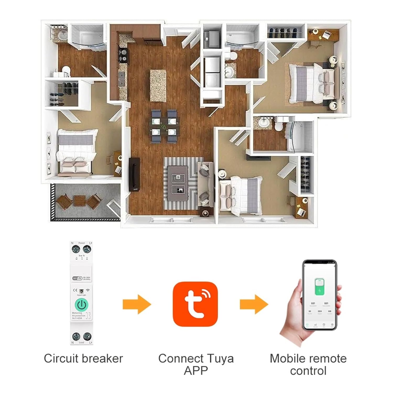 Smart WiFi Circuit Breaker 63A DIN Rail Remote Control Switch with Metering - Voice-Activated Home Automation(DGB-63T No metering,32A)