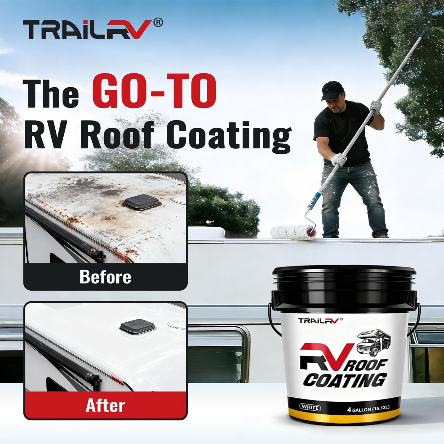 RV Roof Sealant, Liquid Rubber Waterproof Coating - Solar Reflective, Flexible, Repair Paint for EPDM, TPO, Fiberglass, Aluminum Roof - White, 4 Gallon