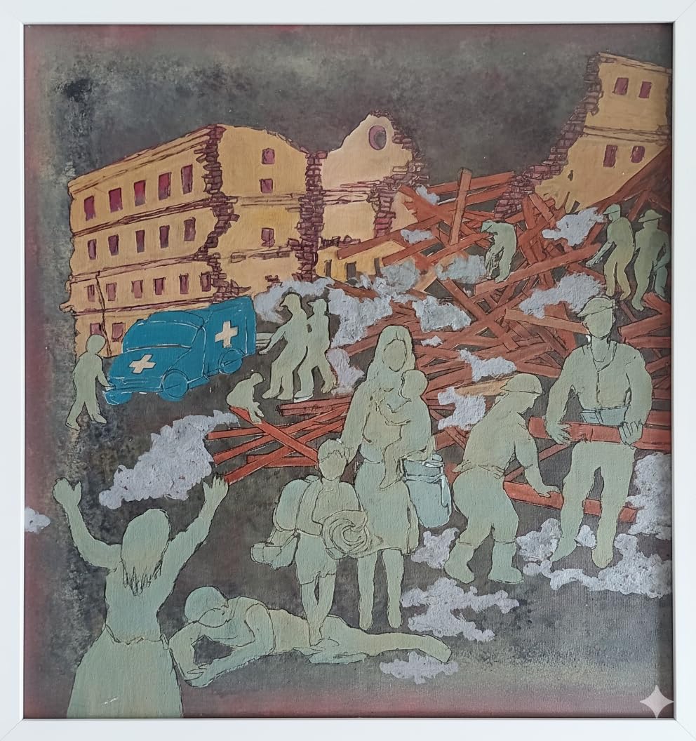 Oil Colour Painting on Oil Paper, Disaster Relief Scene Artwork