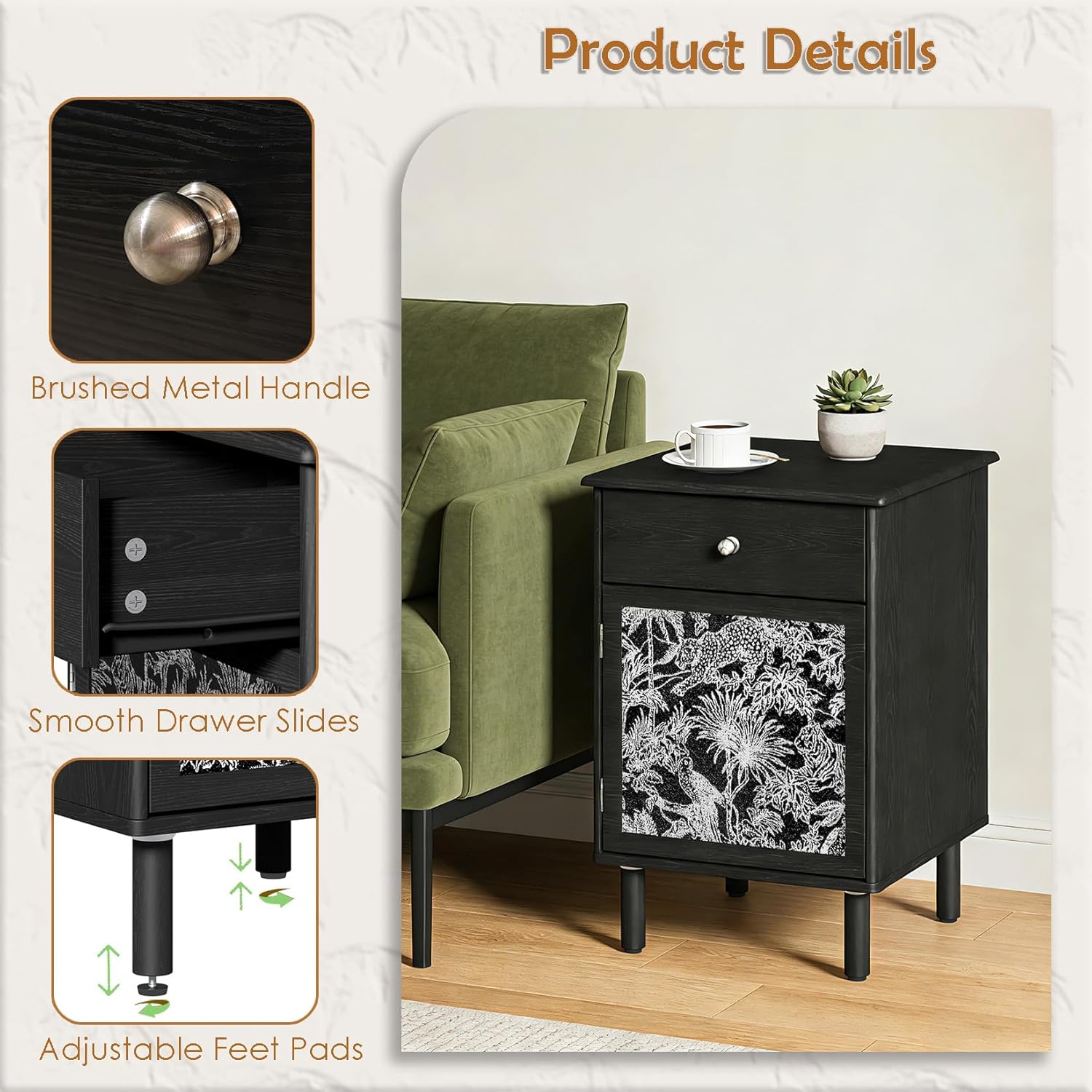 Black Wood Mid-Century Modern Nightstand, Bedside Table with Drawer and Cabinet, Side Table with Storage for Bedroom Living Room, 16"x16"x24"