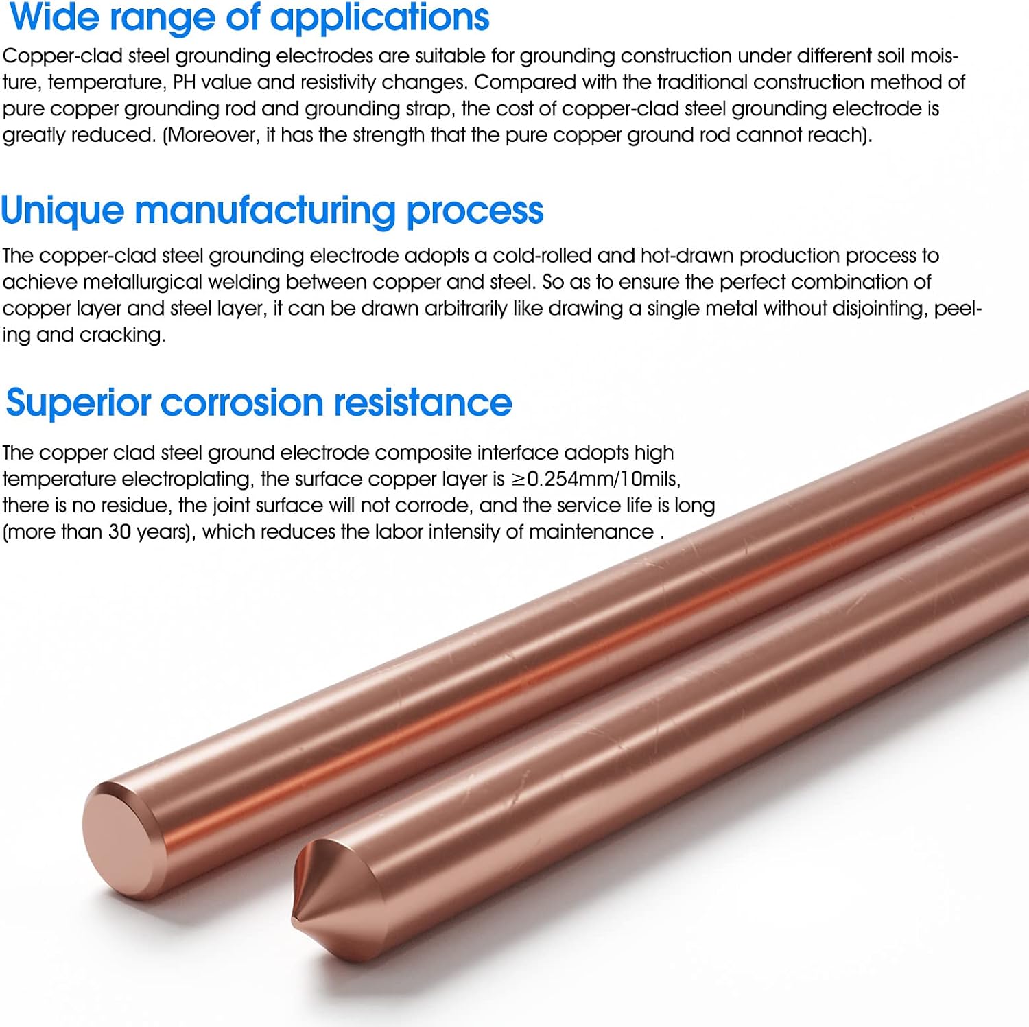 6ft Ground Rod Kit - 1/2'' Bonded Electrical Copper Grounding Rod with Bronze Clamp UL Listed,Great for Fence Lightning Strike Electrode Earthing Rod, Swimming Pool Ground Rods