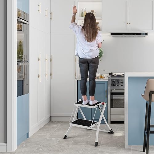 Miniatura 2 de Safstar - Escalera plegable de 2 escalones, taburete ligero con pedal antideslizante, almohadillas y asa, marco de metal resistente, capacidad de