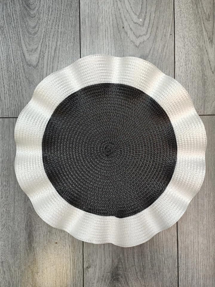 Biznest Set of 6 Round Wavy Rattan Placemat 38 cm, Durable & Stylish Table Mats for Home Dining & Décor (White-Black)