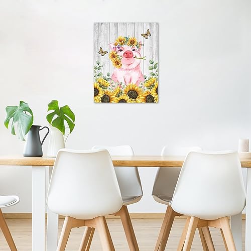 Miniatura 2 de HVEST Arte de pared de girasol de cerdo, lindo cerdo y girasoles con mariposa en tablero rústico, pintura abstracta, lienzo de granja para baño,