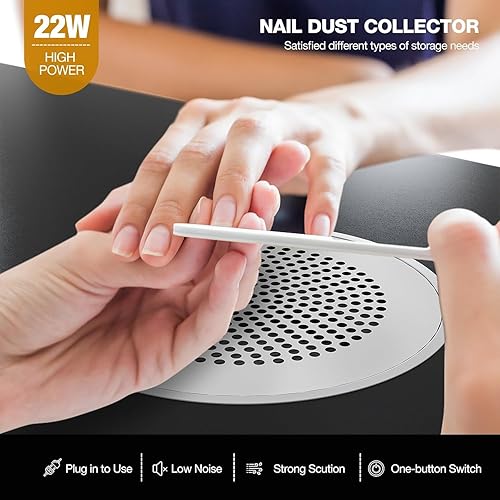 Miniatura 3 de Mesa de manicura con estantes, estación de mesa de uñas en forma de L con ventilación eléctrica descendente, reposabrazos plegable para uñas