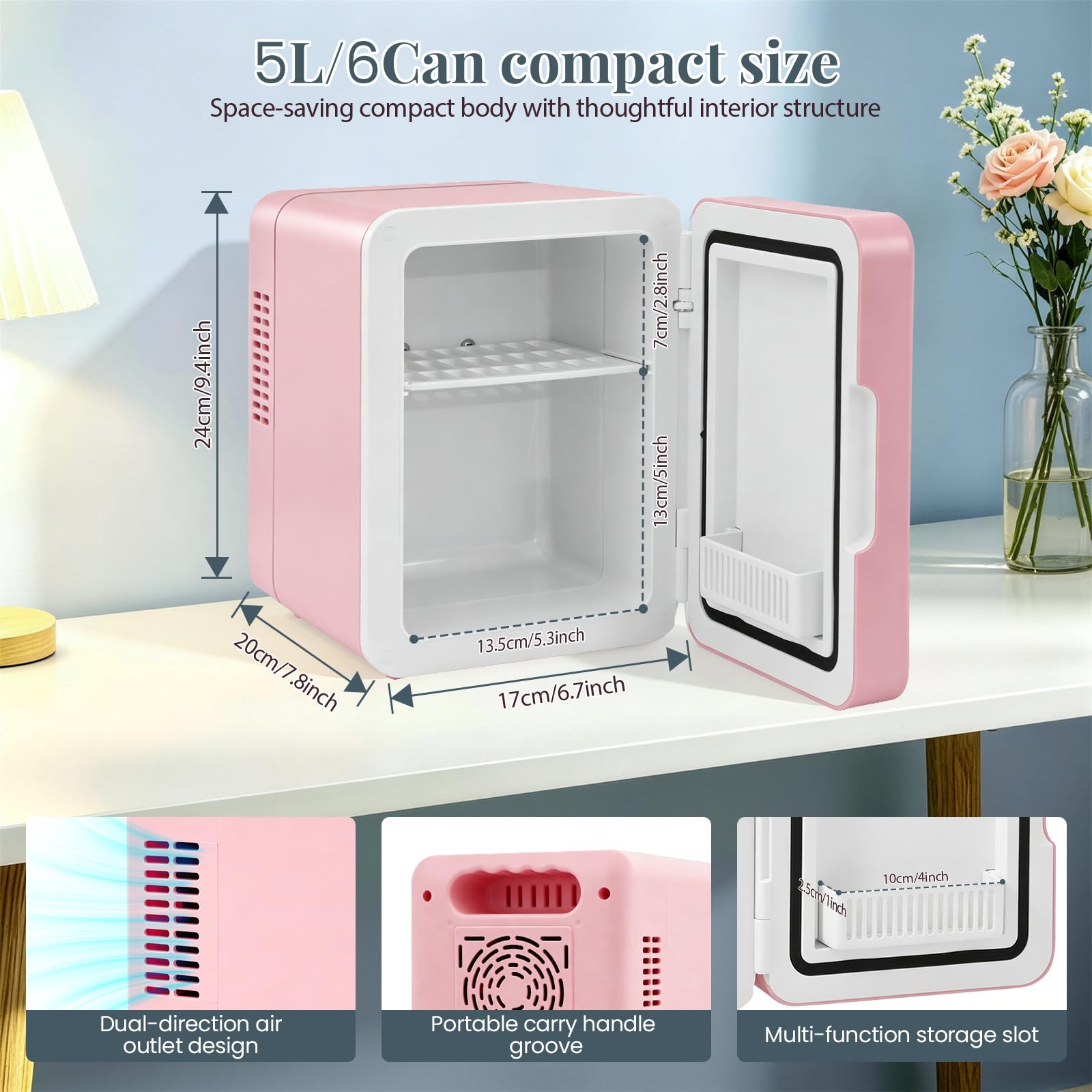 Mini frigorifero da 5 l/6 lattine, LED con funzione di regolazione a 3 livelli, 220 V CA/12 V DC, funzione di raffreddamento e riscaldamento, silenzioso, piccolo frigorifero per stanza