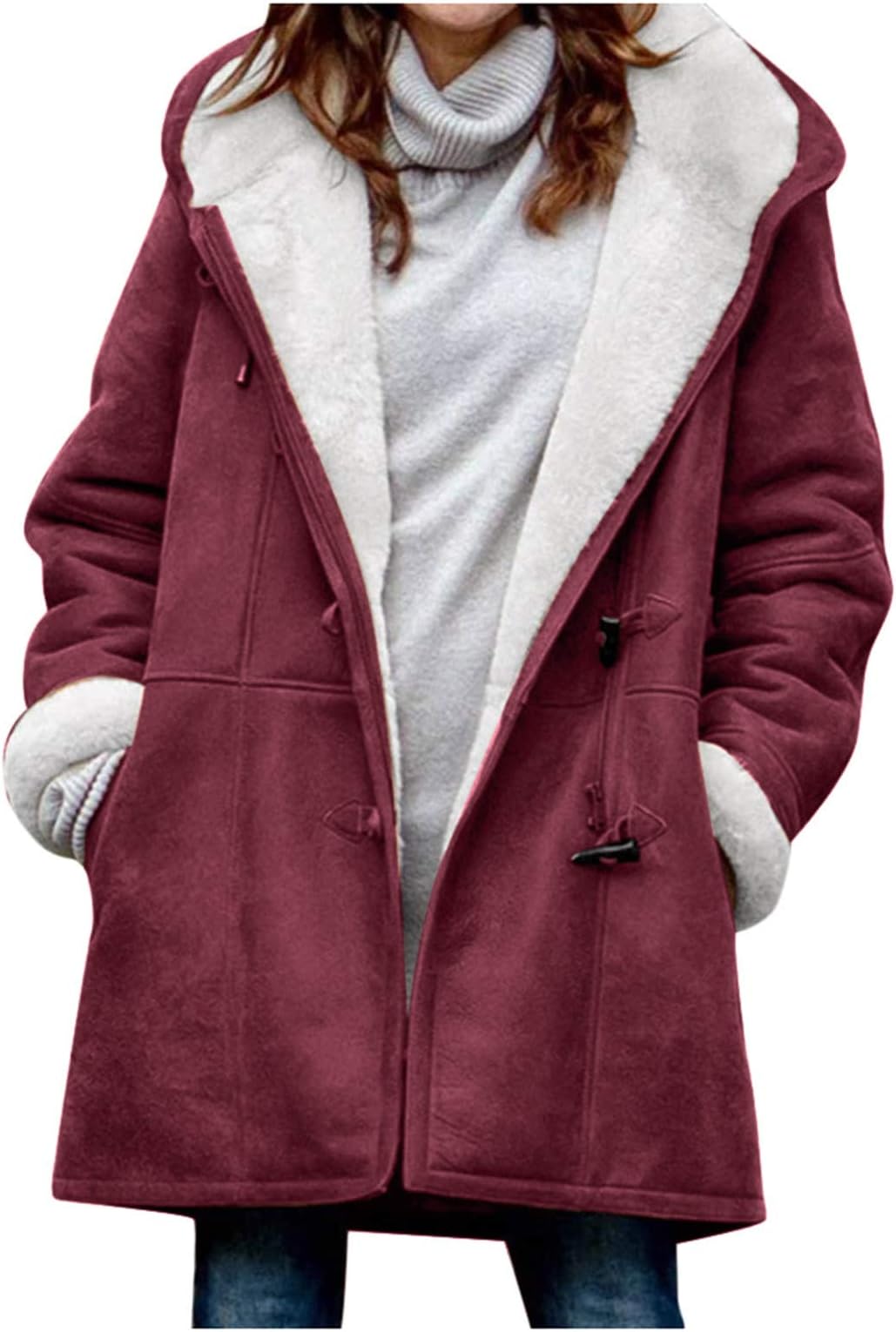 SHAOBGE Womens Plus Size Winter Coats Warm Sherpa Fleece Lined Jackets Hooded Parka Faux Suede Pea Coat Outerwear 2024