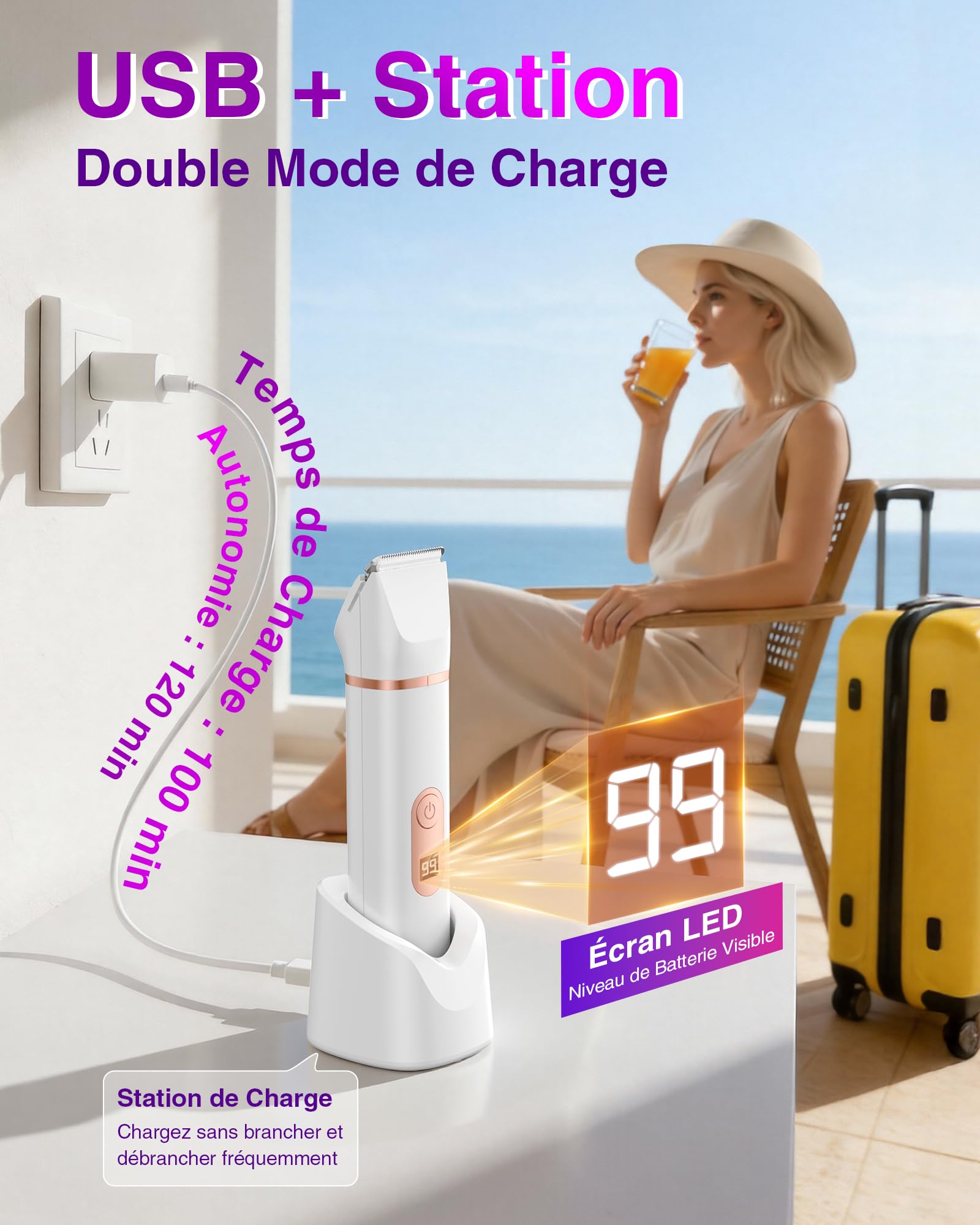 Rasoir Electrique Femme, Tondeuse Intime Intime: 3 en 1 Tondeuse Humide/Sèche, Portable et Sans Fil, pour Maillot/Visage/Aisselles/Jambes/Bras, Indolore et Sans Irritation, Cadeau Parfait pour Femme