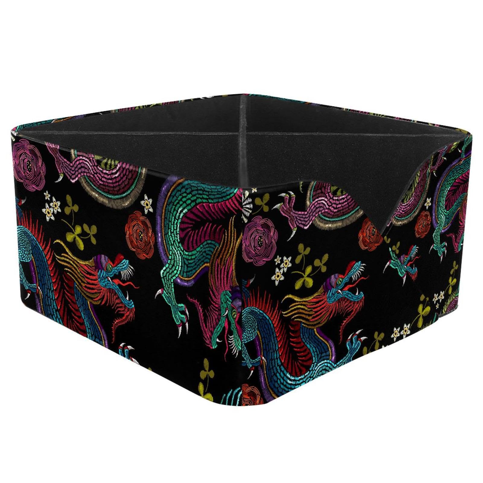 KengjuTesu Vintage Chinese Dragons and Flowers Pattern Desktop Organizer Pen Holder, Rectangular Pencil Cup for Office, Study and Makeup Stations