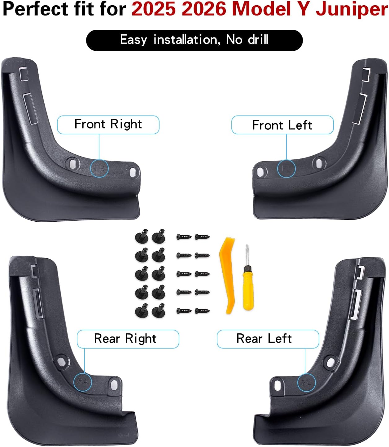 Tesla Model Y Juniper Mud Flaps 2025-2026 Flexible TPE Splash Guards[Crack-Resistant,No-Drill] Mud Flaps Tesla Model Y Juniper Accessories 2026 (Set of 4)