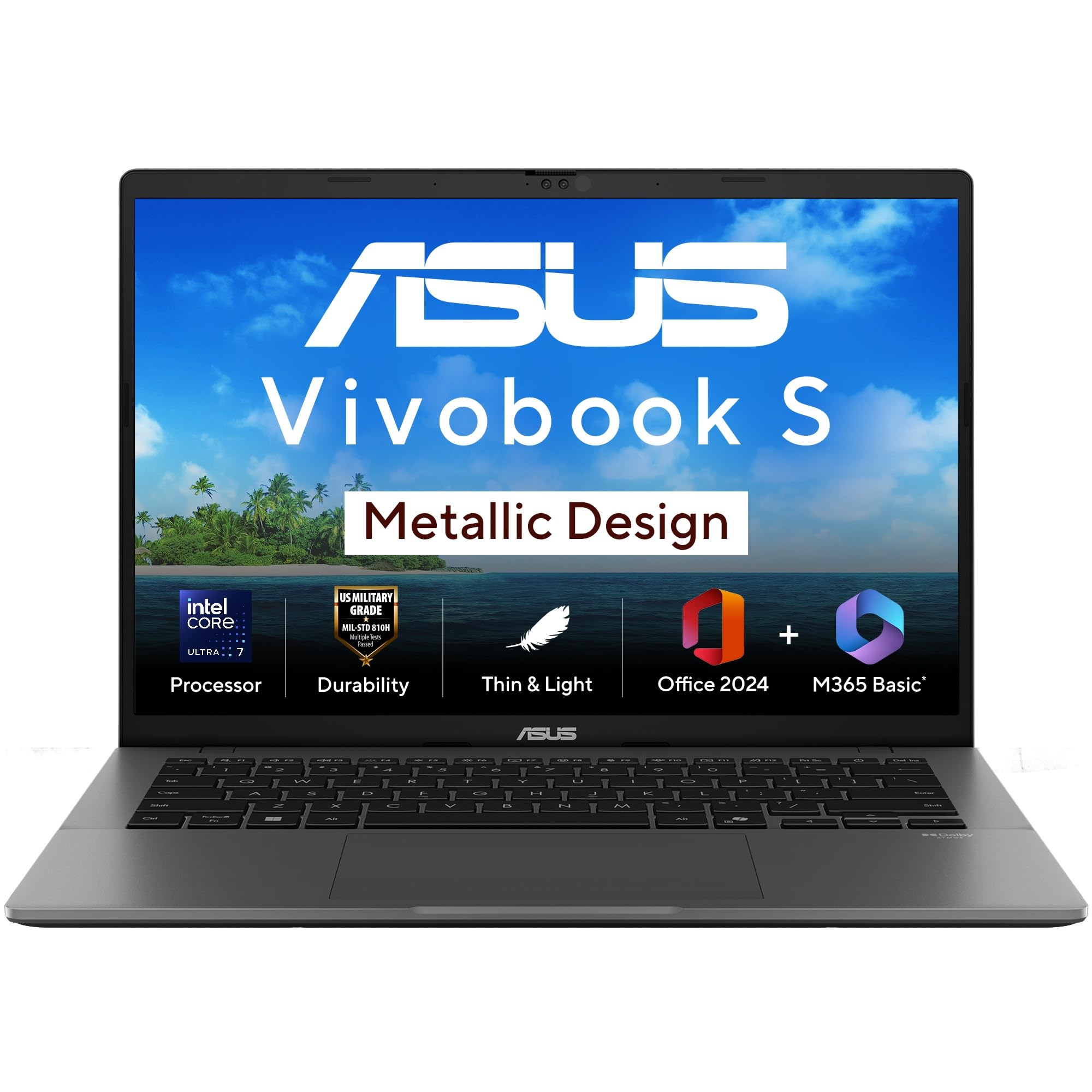 ASUS Vivobook S14,Intel Core Ultra 7 255H (Series 2),Intel iGPU,16GB RAM,512GB SSD,FHD+,14",60Hz,Windows 11,M365 Basic (1Year),Office Home 2024,Matte Gray,1.4 Kg,S3407CA-LY083WS,Metallic Design Laptop