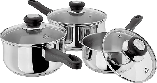 Judge Vista JJA1A Stainless Steel Set of Pans, 3-Piece Set, 16cm, 18cm & 20cm Saucepans, Classic Curved Shape, Vented Glass Lids, Induction Ready, Oven Safe, 25 Year