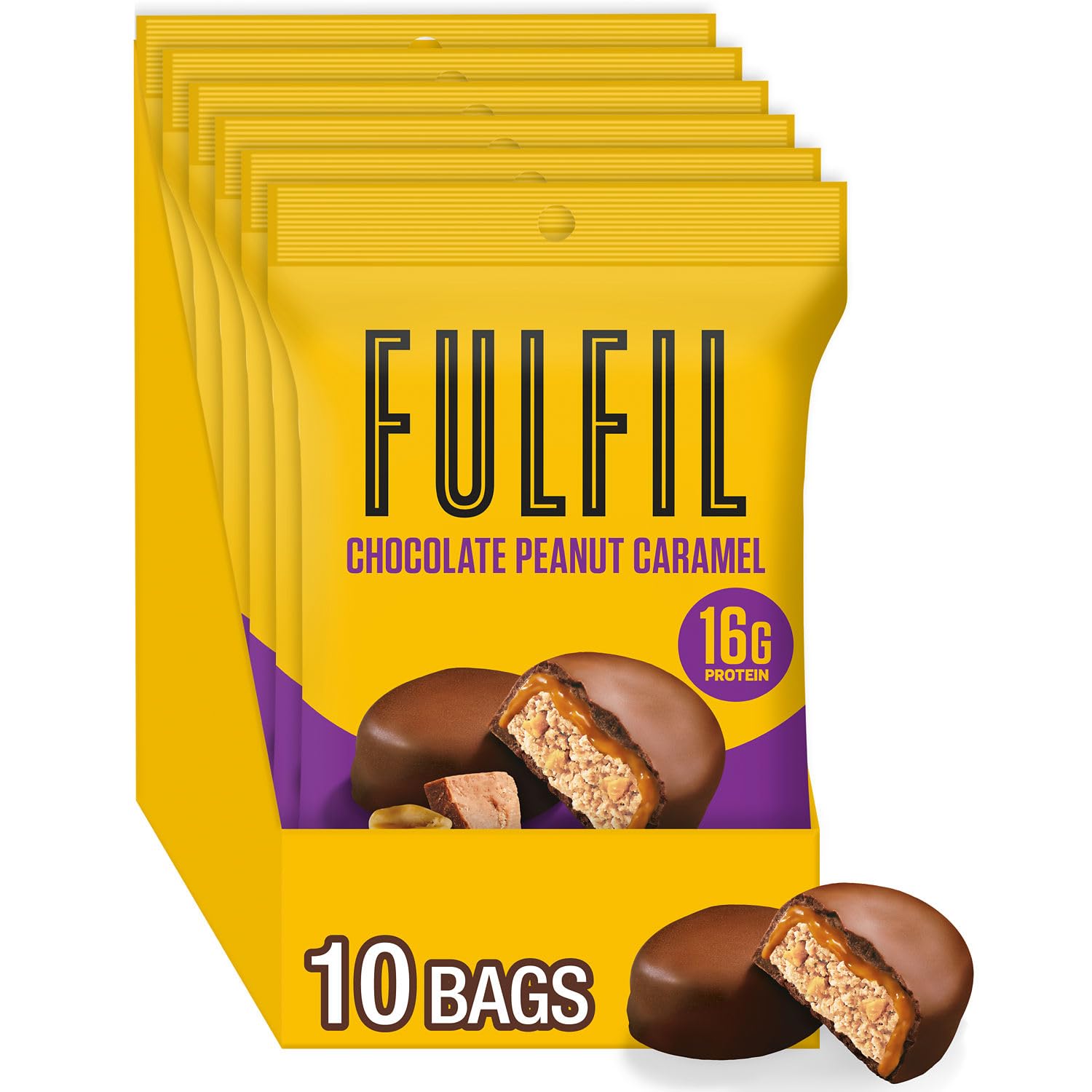 (Best by 11/2025) FULFIL Protein Snack Bites, Chocolate Peanut Caramel Flavored, Gluten Free with 16g Protein per serving, 7 Bites per Bag (10 Bags)