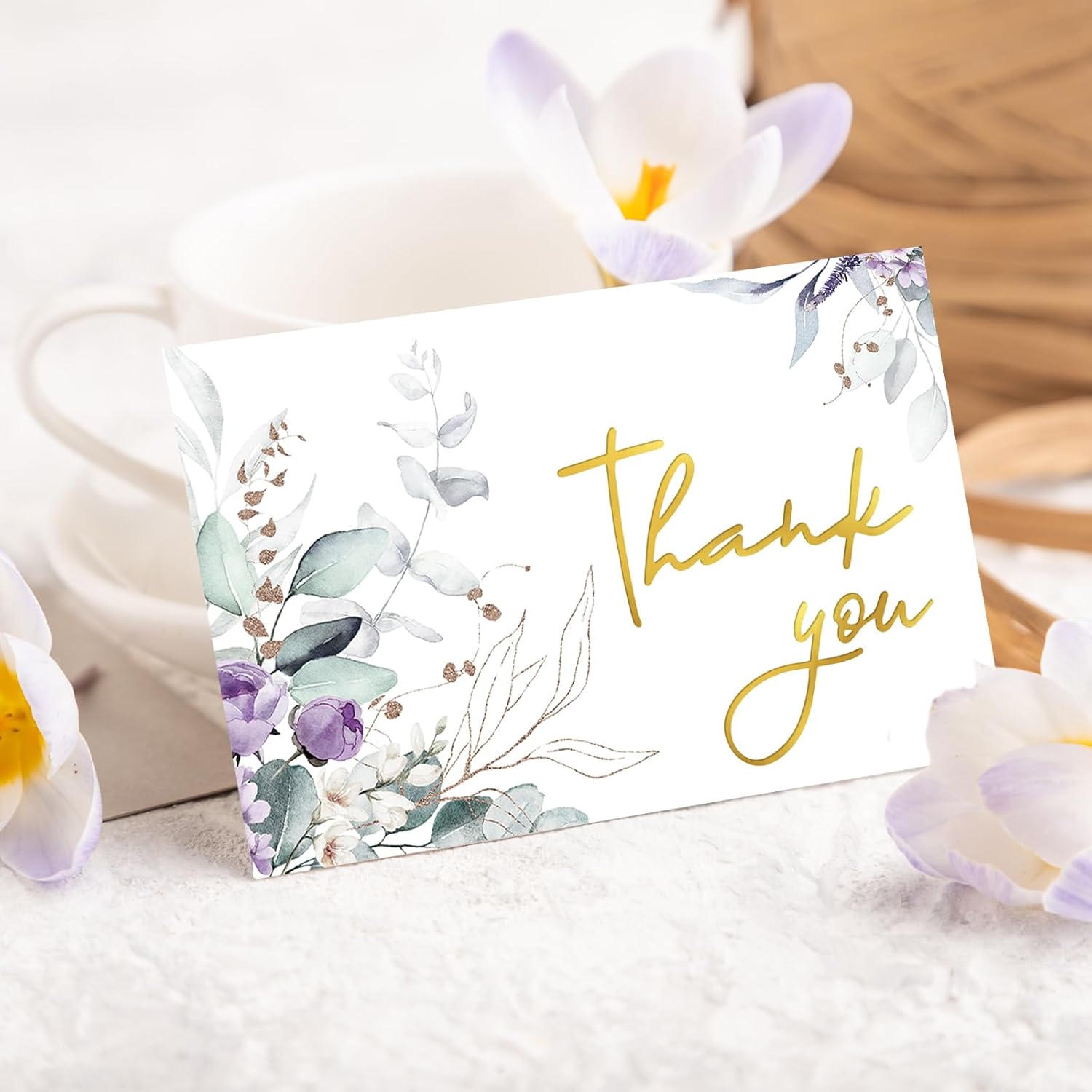 JarThenaAMCS 48 Pack Floral Thank You Cards Greeting Card Purple Flower Gold Foil Blank Note Cards with Envelopes Stickers Glue Stick for Wedding Bridal Baby Shower Birthday - Image 5