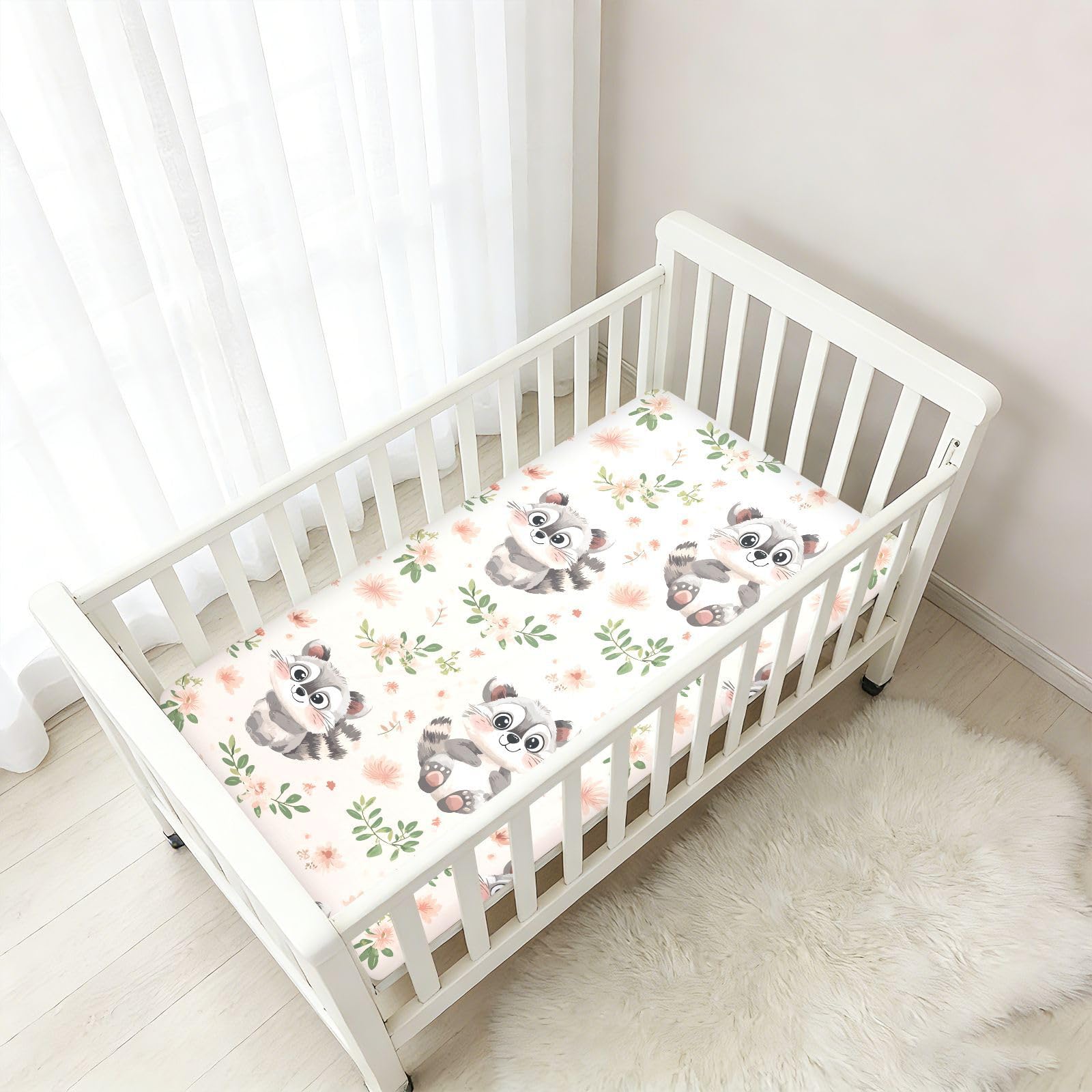 Sábanas de algodón para cuna de bebé con diseño de mapache rosa de dibujos animados, cómoda y transpirable, para decoración de guardería, 1 paquete para corral de