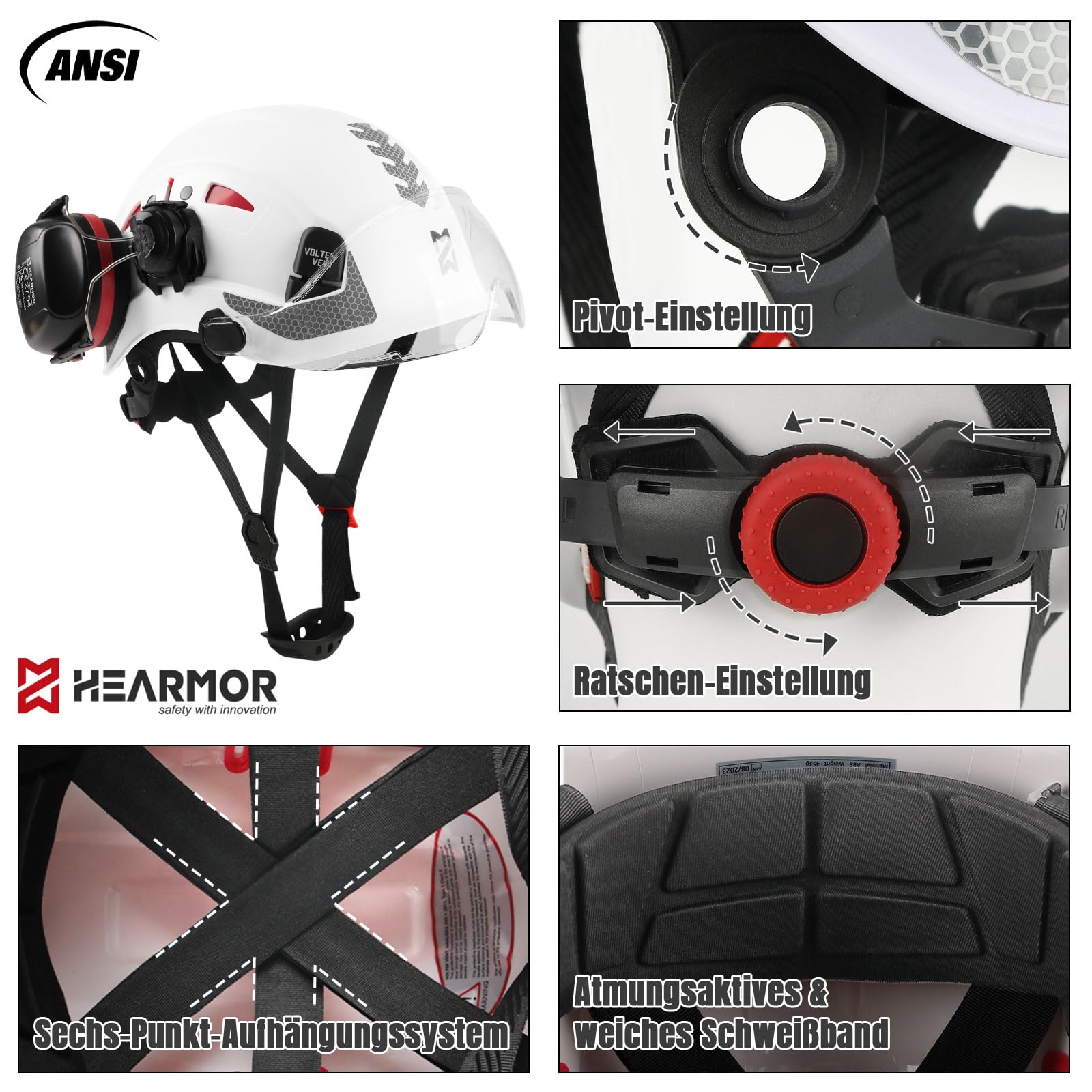 HEARMOR 3-in-1 Schutzhelm mit Gehörschutz und Visier, EN 397 zertifizierter Arbeitshelm für Forst-, BAU- und Kletterarbeiten, inklusive tragbarer Tasche und kühlender Helmeinlage
