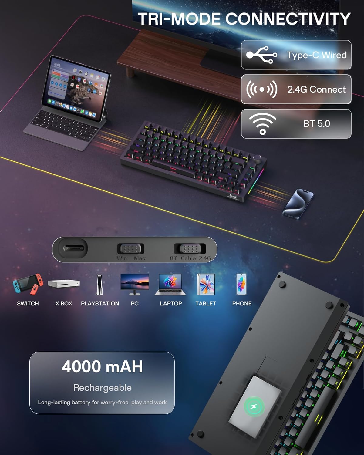 HINATSUSIKE H83 PRO Wireless Mechanical Gaming Keyboard, 75% Gaming Equipment with Knob, Hot Swappable Cardamom Switches, PBT Keycaps, RGB Backlit, USB-C Wired/2.4G/BT5.0, Ergonomic for Win/Mac/Linux