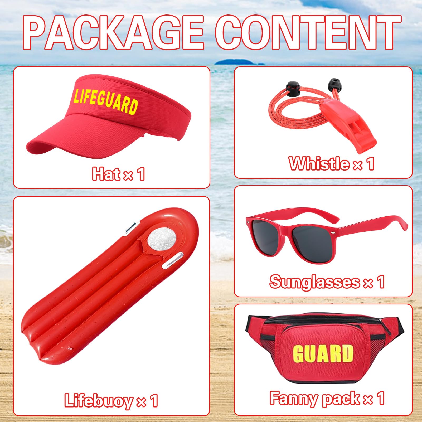 5 Pieces Lifeguard Costume Baywatch Fancy Dress Men Women Lifeguard Beach Accessories Fanny Pack Guard Hat Whistle Sunglasses Inflatable Floatboard for Adults Halloween Cosplay Bachelor Party (Women) - Image 2