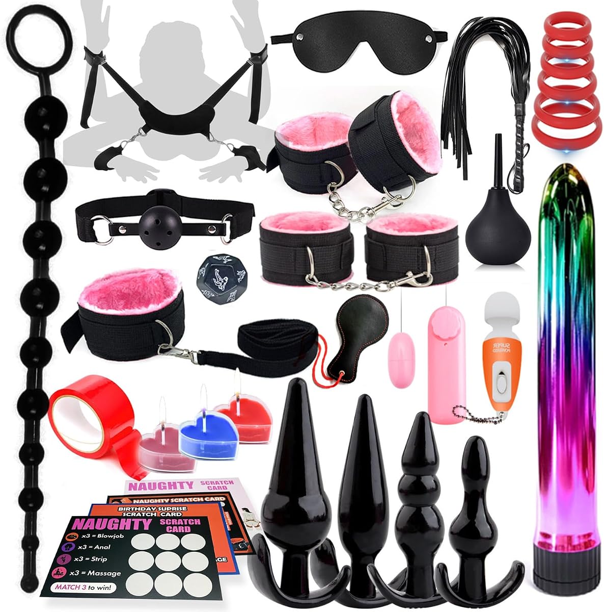 33pcs Anal Plug Adult Toys, BDSM Bondage Sex Restraints Set with Anal Toys and Anal Beads Butt Plug from Beginners to Advanced Player, Sex kit Sex Toys for Couples