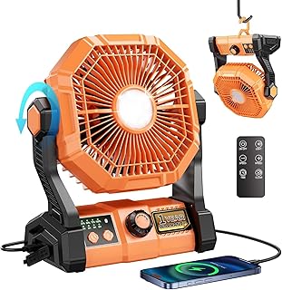 Rechargeable Portable Fan for Home with LED Light & Remote Control, Battery Table Fan Big Size with 8 High Speeds Wind, Kitchen Fans for Cooking