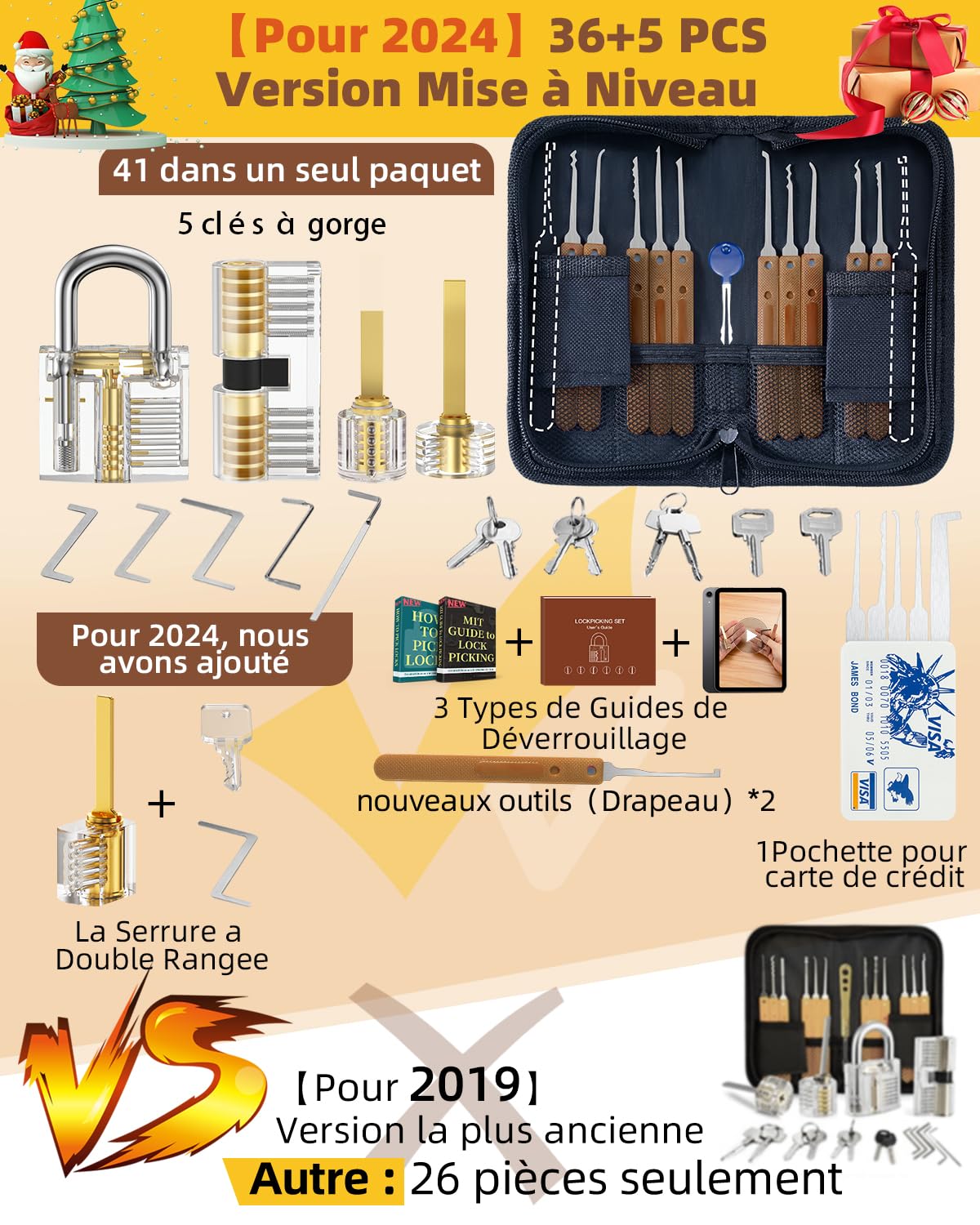 Eventronic 36+5 Pièces Kit de Crochetage Serrure, [2026 Nouvelle Serrure La Plus Difficile] Lock Picking Kit avec 5 Serrures Transparentes, Instructions Détaillées pour Serruriers et Novices