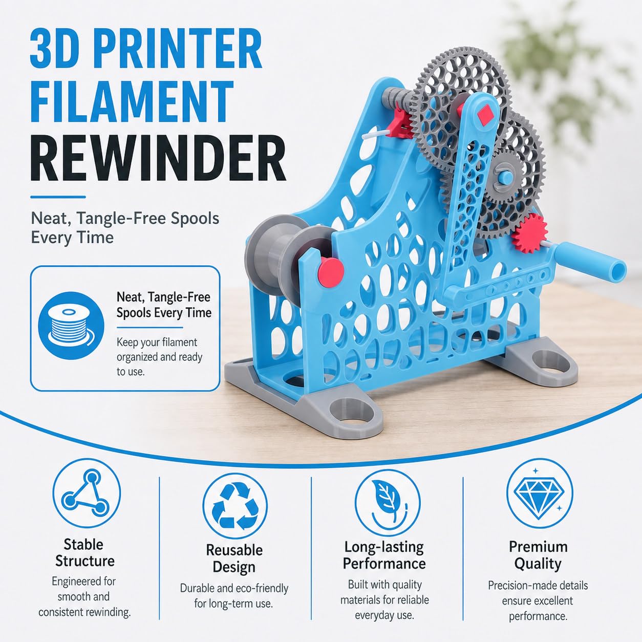 3D Filamentowa nawijarka, Respooler filamentowy do drukarki 3D, zdejmowana konstrukcja modułowa, idealna dla entuzjastów druku 3D niebieski ręczny