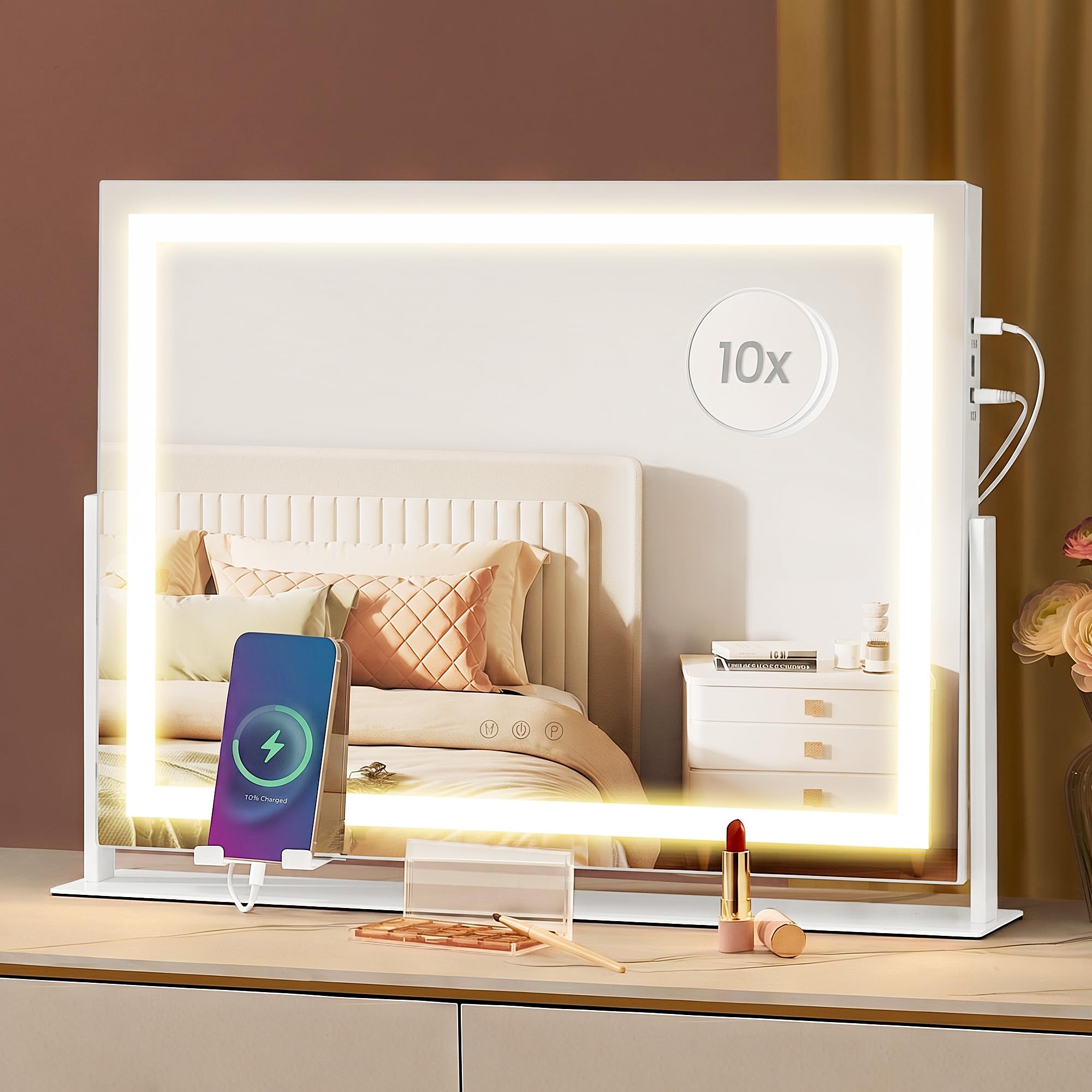 SONGMICS Vanity Makeup Mirror with Lights, 62.5 x 45.8cm LED Makeup Mirror,Charging Ports, 3 Colour Modes, Detachable 10x Magnifying Mirror, Phone Holder, Matte White LWM002WG03