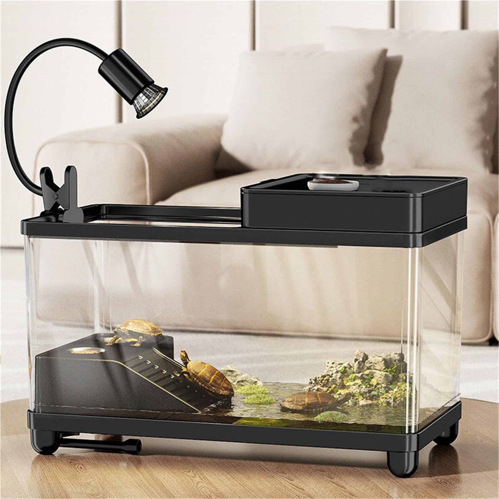 Siedlisko terrarium Drenaż dna zbiornika do karmienia żółwi, zadaszona platforma wspinaczkowa Terrarium akwariowe(Czarny)