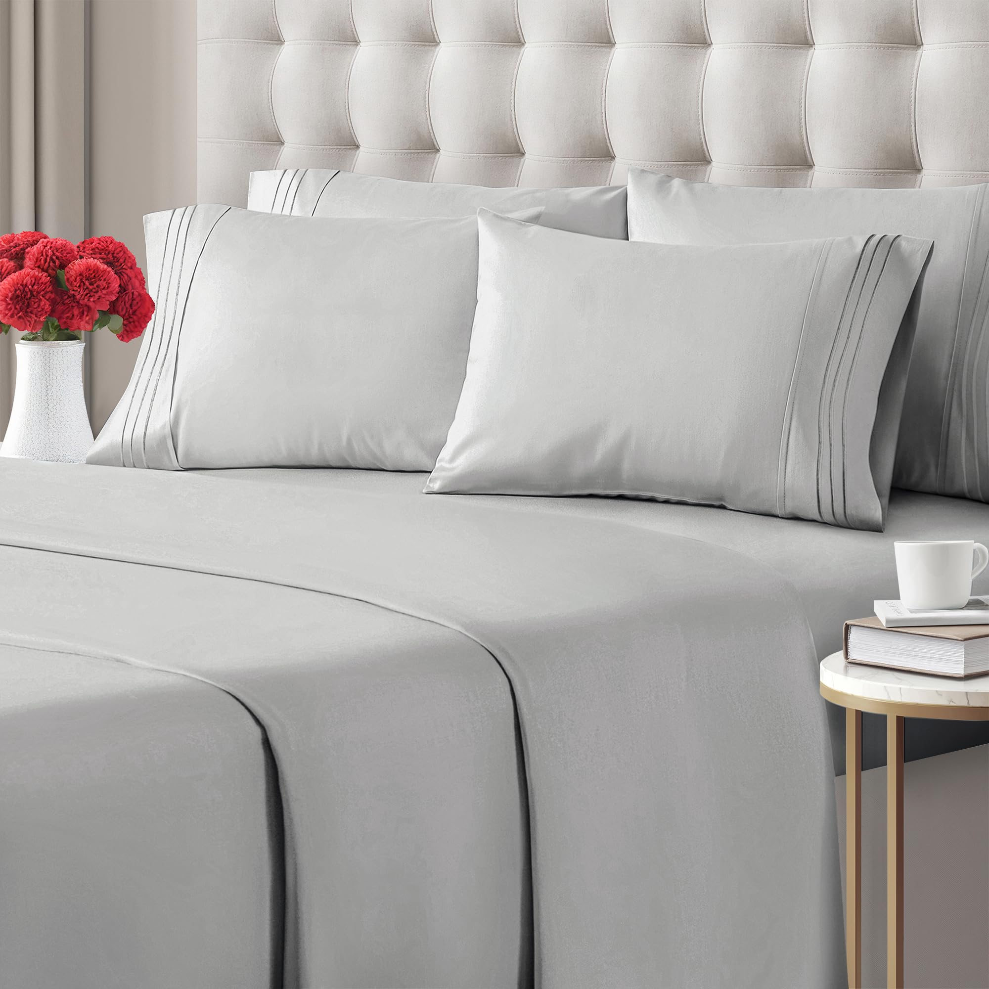 King 6 Piece Sheet Set - Breathable & Cooling Bed Sheets - Hotel Luxury Bed Sheets for Women, Men, Kids & Teens - Bedding w/ Deep Pockets & Easy Fit - Soft & Wrinkle Free - King French Grey Sheets