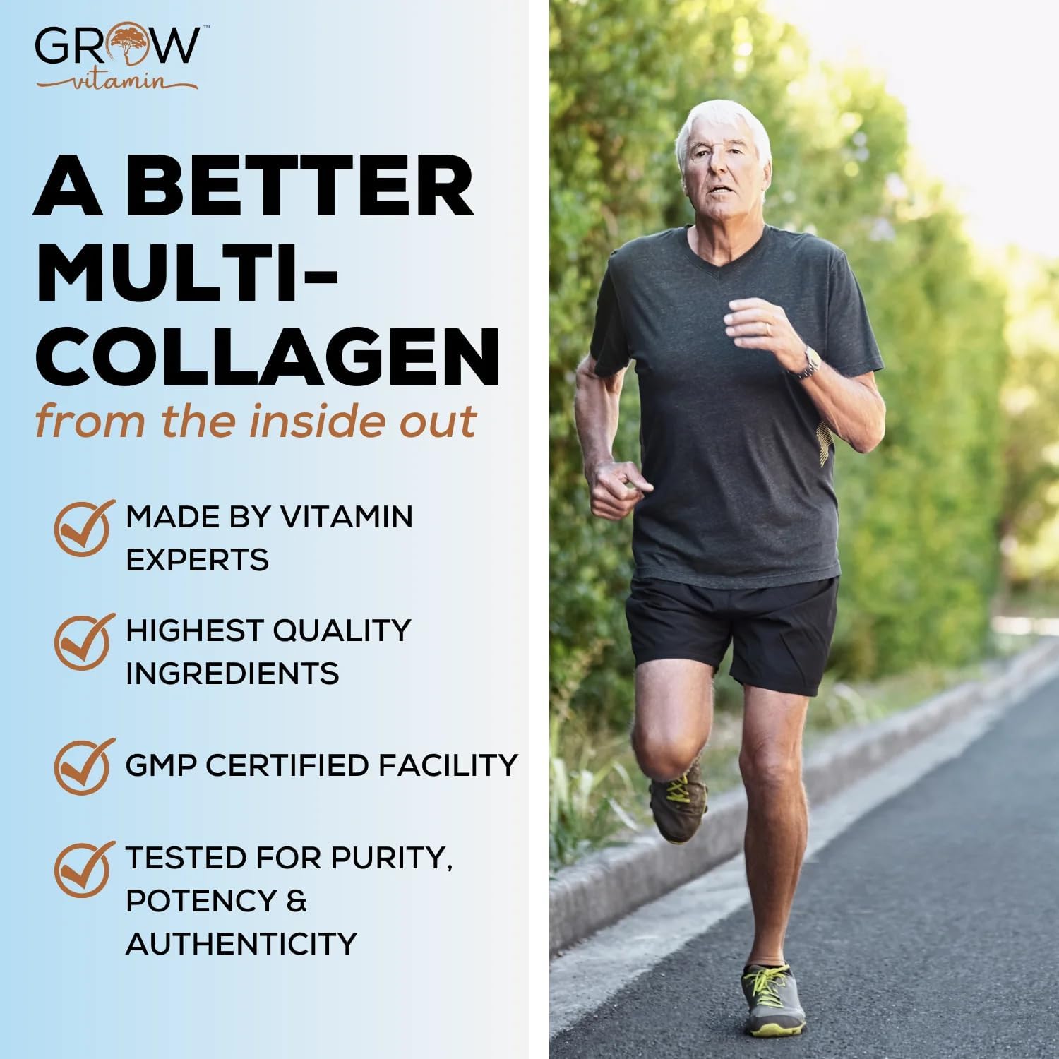 grow vitamin Multi Collagen Capsules, 1800MG (Types I, II, III, V & X) - Non-GMO, Grass Fed Collagen - Anti Aging Support for Hair, Skin, Nails - Protein Pills for Joint Support - 90 Capsules