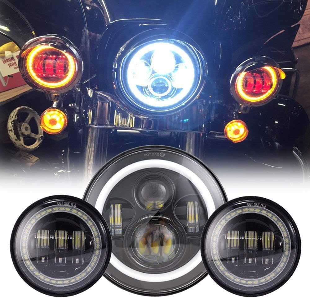 Black 7" Inch LED Headlight with DRL+ 2x 4.5" 30w Fog Light Passing Lamps Compatible with Motorcycles