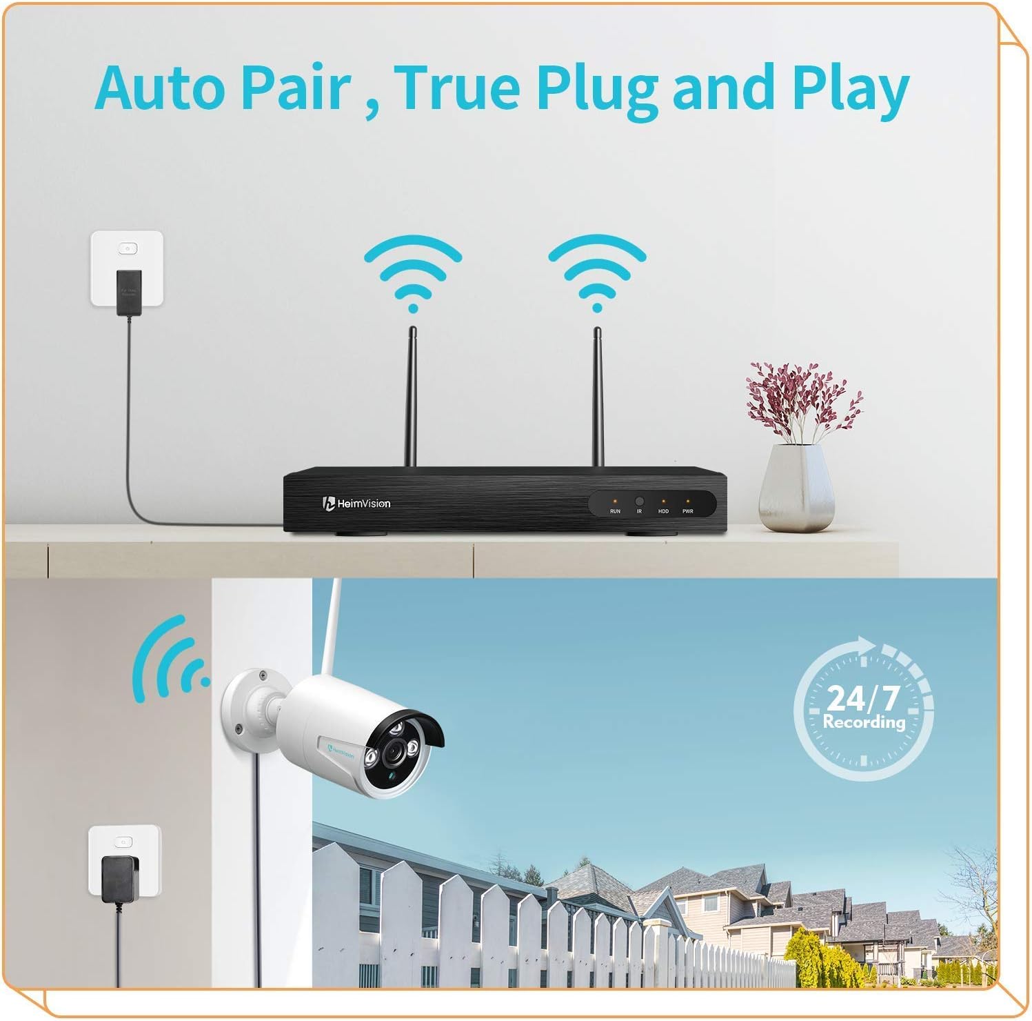 Diagram illustrating the 'Auto Pair, True Plug and Play' feature of the HeimVision wireless security camera system, showing the NVR and a camera connecting wirelessly.