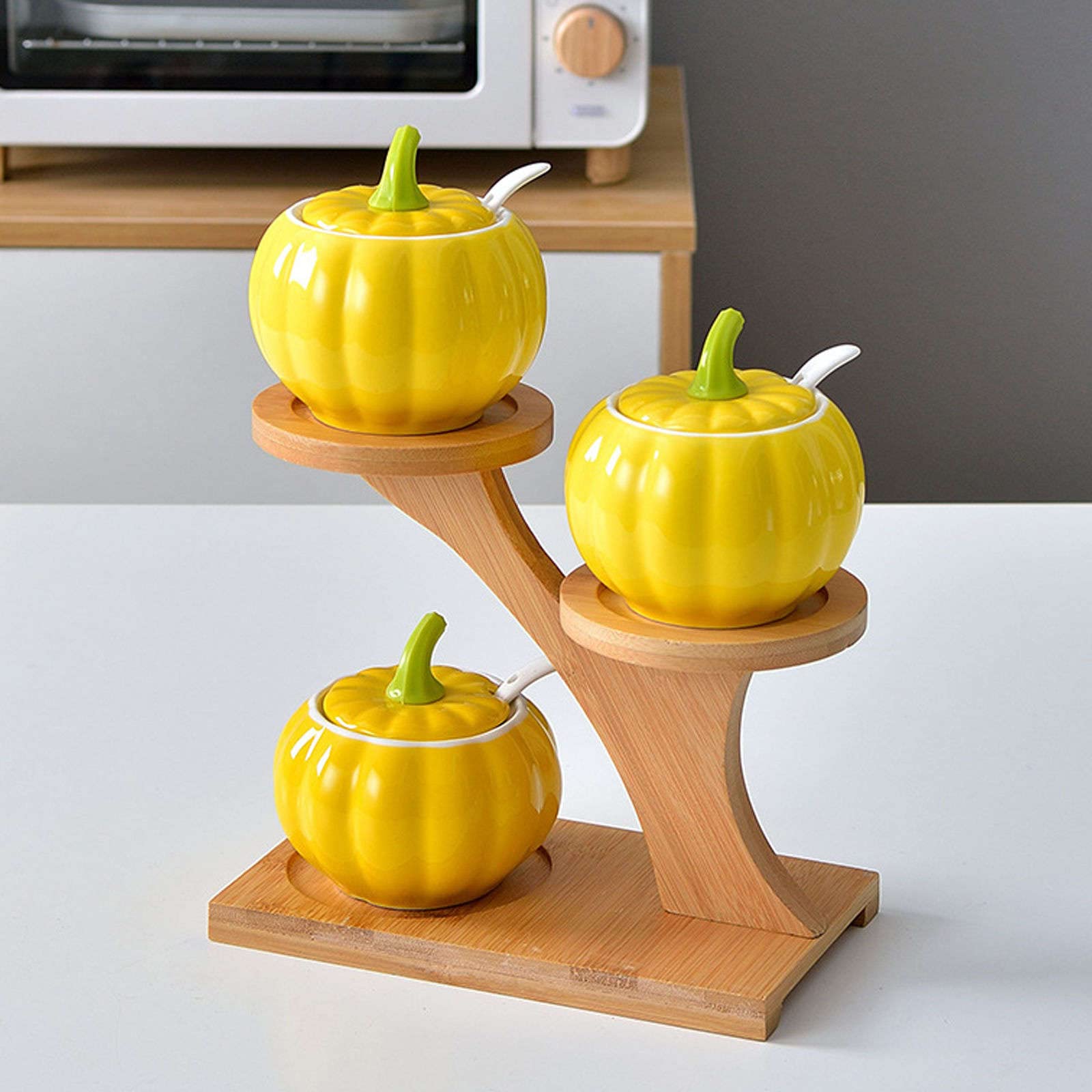 Juego de 3 azucareros coloridos de cerámica con tapa y cuchara, divertidos tarros de sal y pimienta en forma de calabaza, caja de especias con base y cuchara